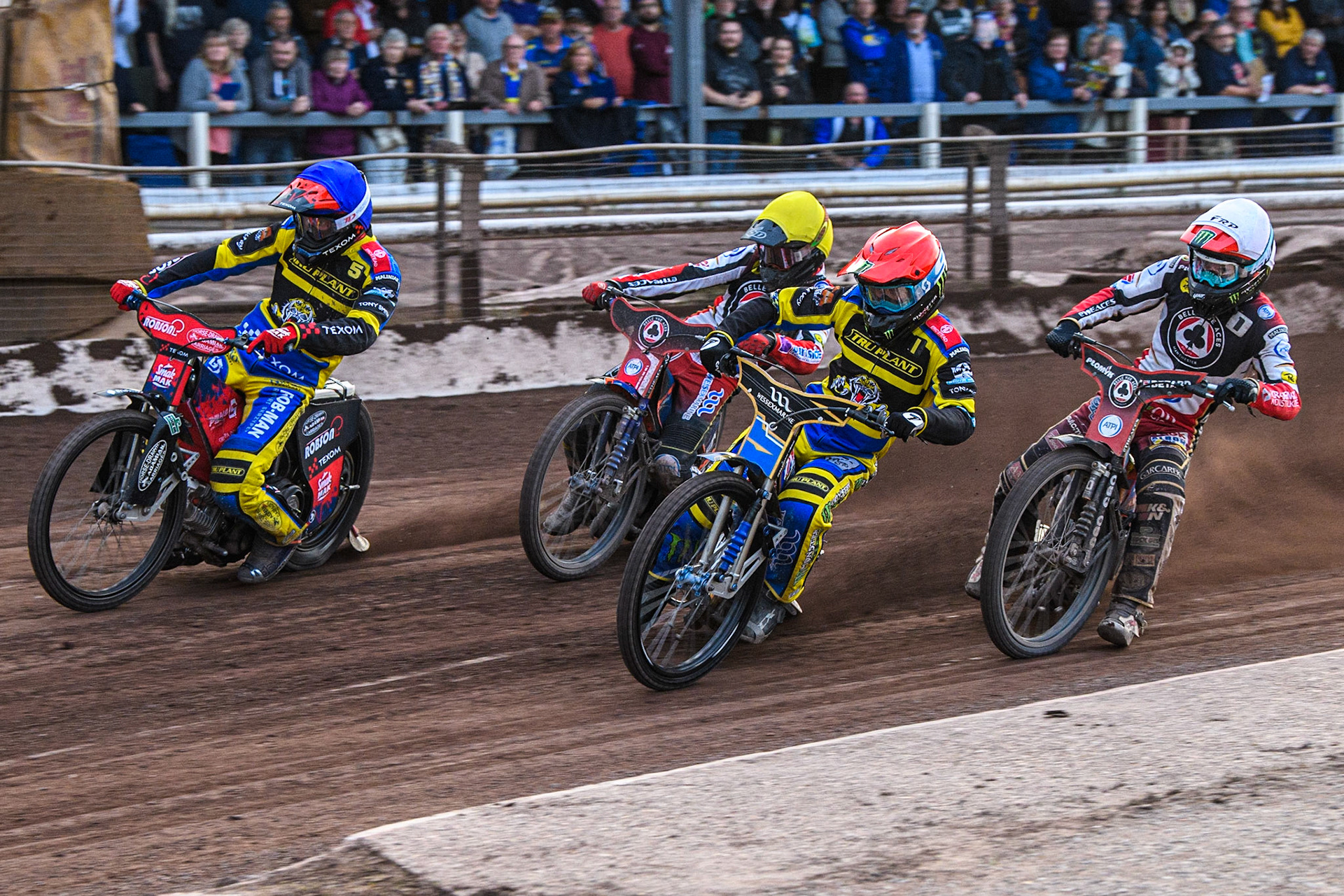 Jack Holder (Red) and Tobiasz Musielak (Blue) lead Dan Bewley (White) and Brady Kurtz (Yellow) during the Sports Insure Premiership match between Sheffield Tigers and Belle Vue Aces at Owlerton Stadium, Sheffield on Thursday 20th July 2023. (Photo: Ian Charles | MI News)