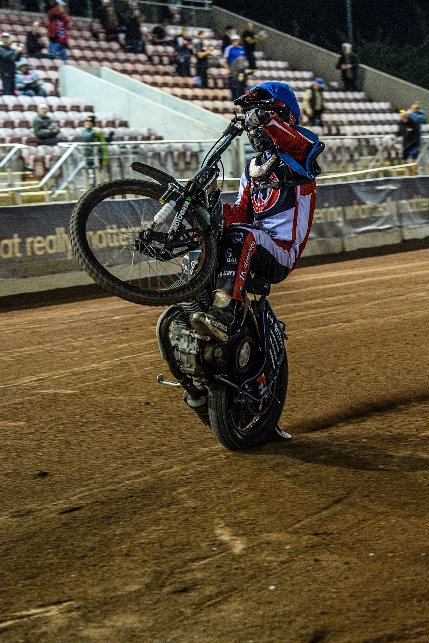 Belle Vue Colts' Freddy Hodder celebrates with a wheelie during the WSRA National Development League match between Belle Vue Aces and Edinburgh Monarchs at the National Speedway Stadium, Manchester on Friday 30th August 2024. (Photo: Ian Charles | MI News)