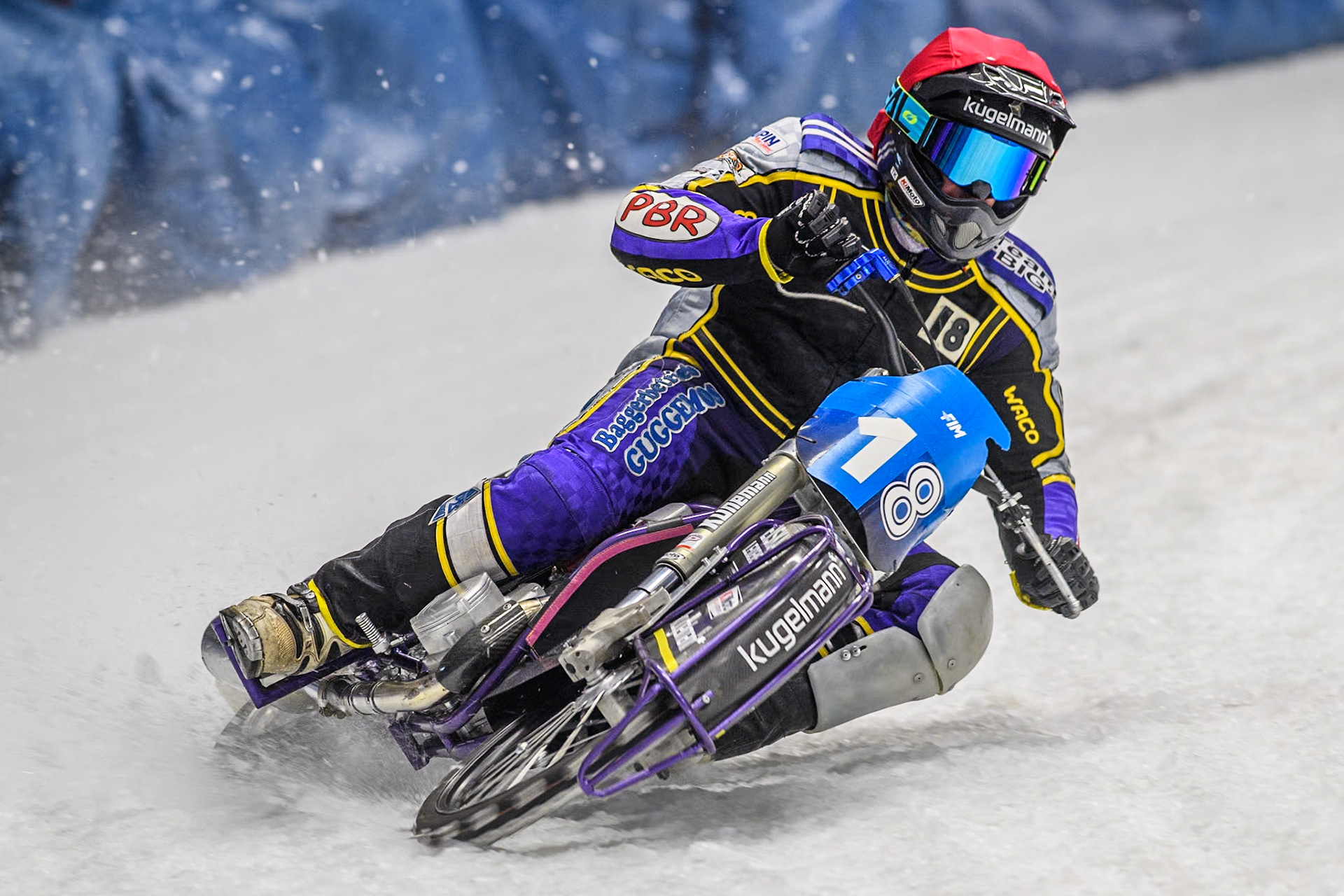 Germany's Christoph Kirchner (18) in action during the FIM Ice Speedway Gladiators World Championship Final 2 at the Max-Aicher-Arena, Inzell on Sunday 24 March 2024. (Photo: Ian Charles | MI News)