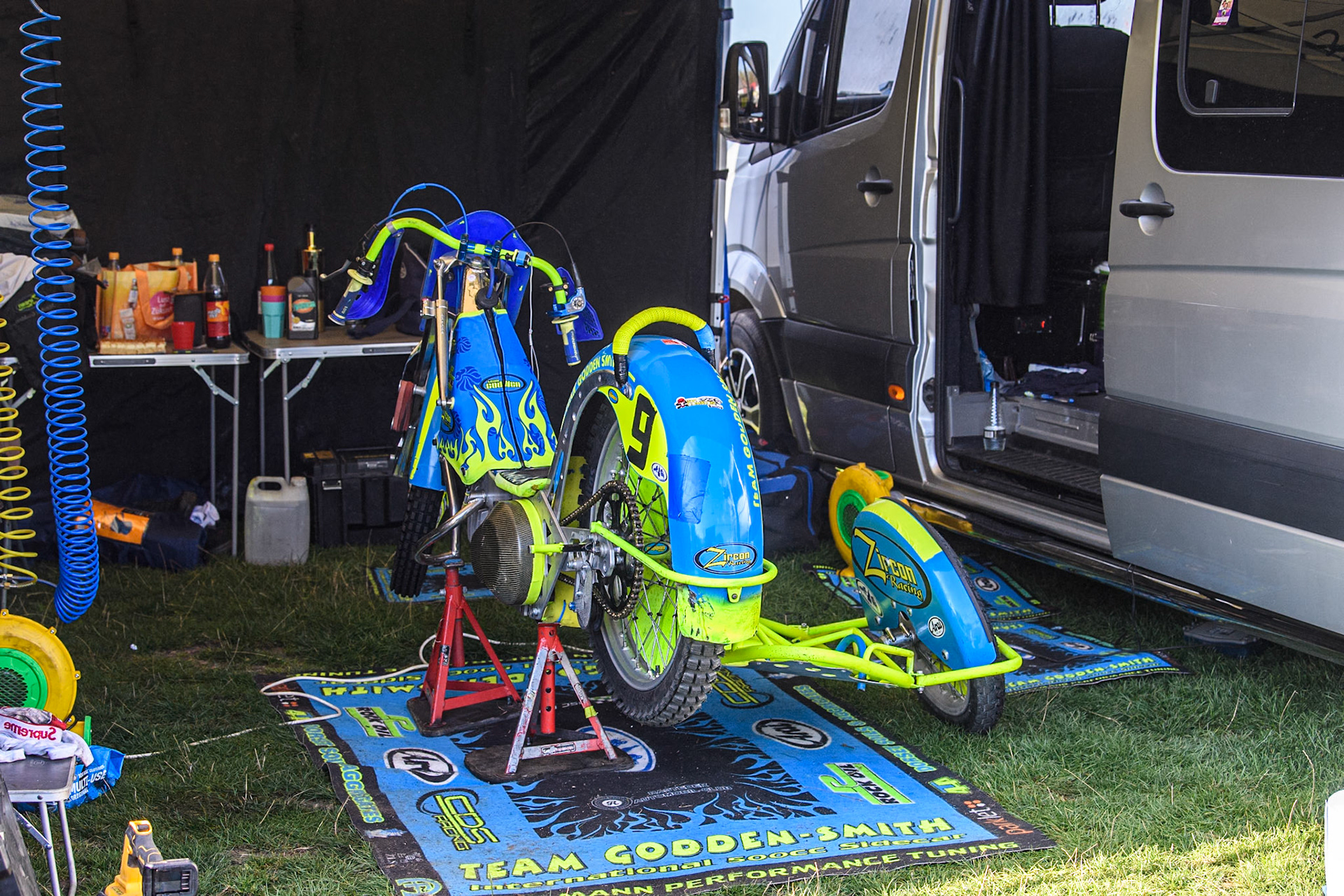The pit bay of Mitch Goddard &amp; Paul Smith (9) of Great Britain during the FIM Long Track World Championship Final 5 at the Speed Centre Roden, Roden, Netherlands on Sunday 22nd September 2024. (Photo: Ian Charles | MI News)