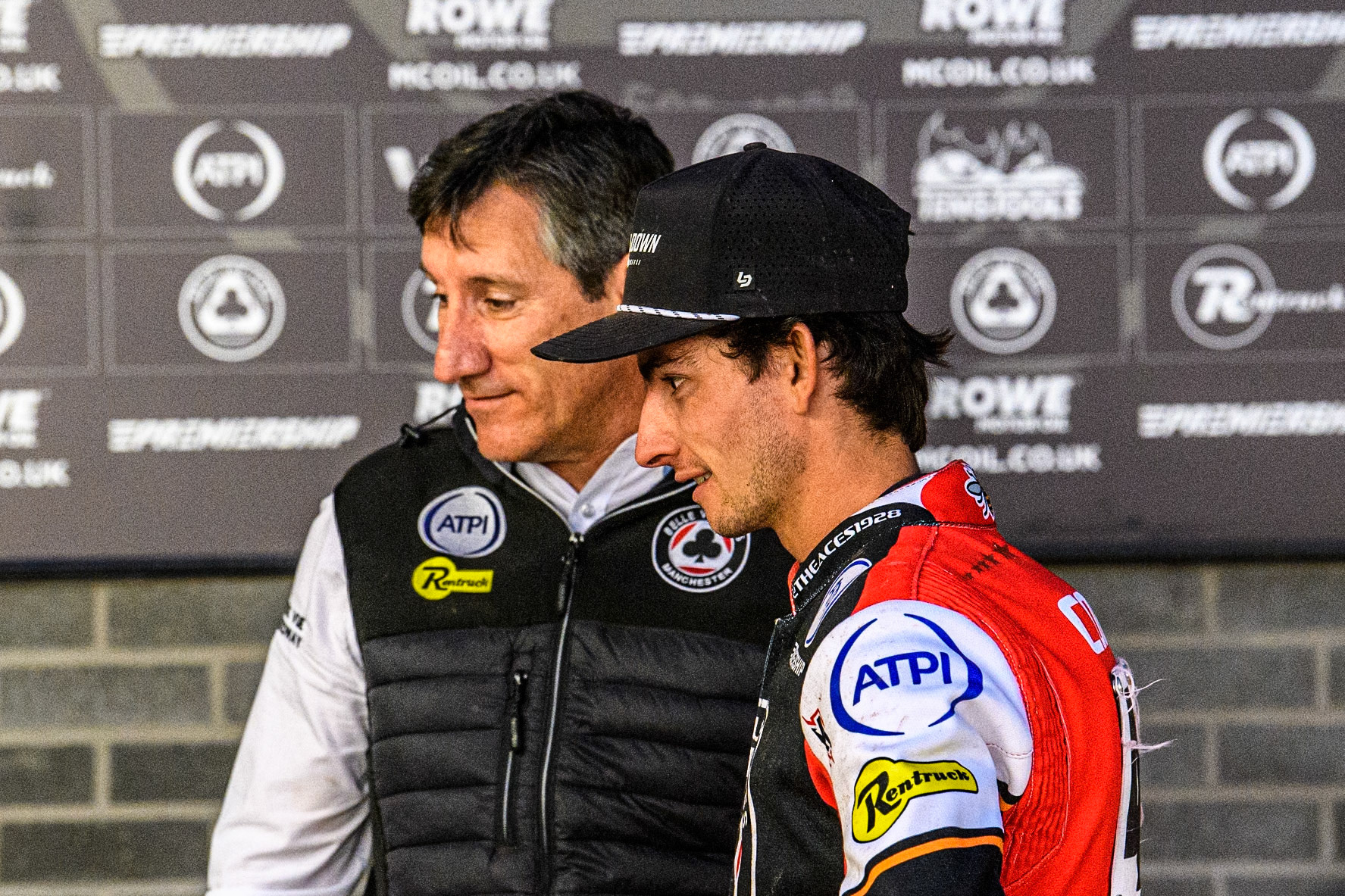 Belle Vue Aces' Team Manager Mark Lemon (Left) with Belle Vue Aces' Zach Cook during the Rowe Motor Oil Premiership match between Belle Vue Aces and Leicester Lions at the National Speedway Stadium, Manchester on Monday 19th May 2025. (Photo: Ian Charles | MI News)