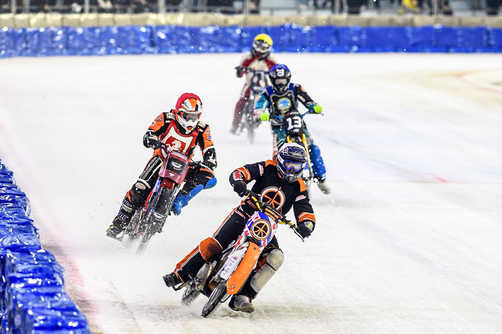 Sebastian Reitsma of The Netherlands in White  leading the last chance heat with Lukáš Hutla of The Czech Republic in Red with  Filip Jäger of Sweden in Blue and Martin Posch of Austria in Yellow behind during the Roelof Thijs Bokaal at Ice Rink Thialf, Heerenveen, The Netherlands on Friday 5th April 2024. (Photo: Ian Charles | MI News)