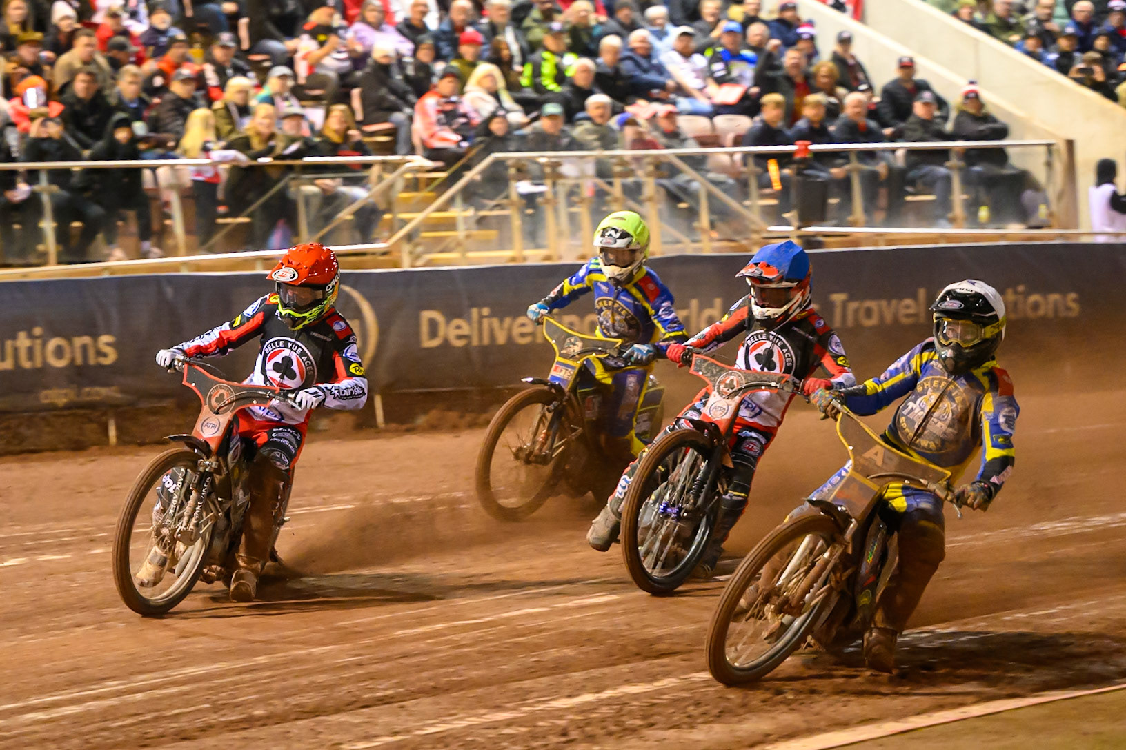 Nicolai Klindt, Guest Rider for Belle Vue Aces in Red leading Josh Pickering of Sheffield Tigers in White Zach Cook of Belle Vue Aces in Blue  and Jye Etheridge of Sheffield Tigers in Yellow during the Rowe Motor Oil Premiership Grand Final 2nd Leg between Belle Vue Aces and Sheffield Tigers at the National Speedway Stadium, Manchester on Friday 16th October 2026. (Photo: Ian Charles | MI News)