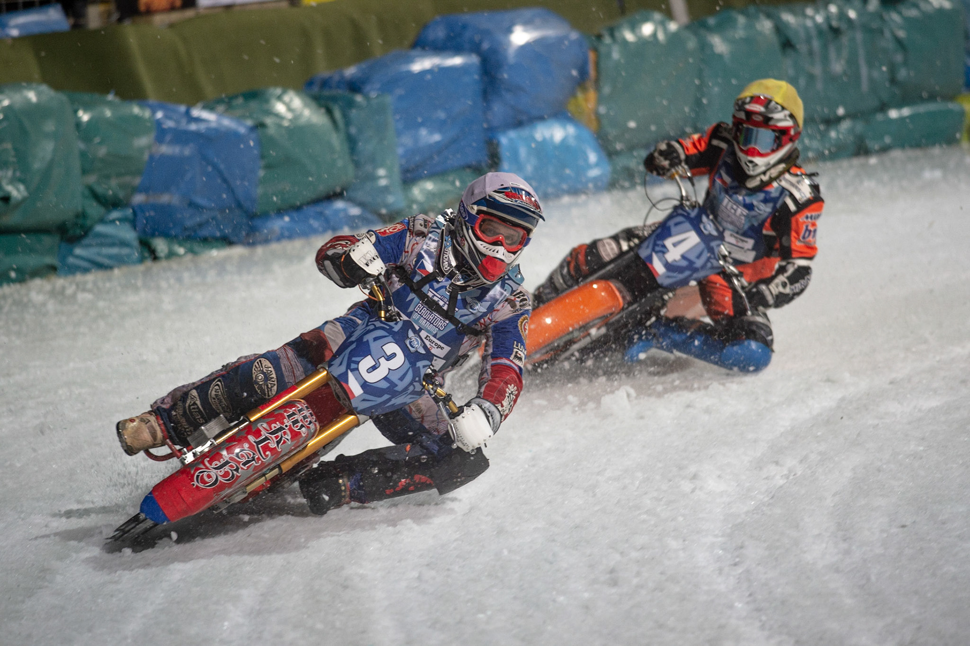 BERLIN GERMANY  - February 29  Jan Klatovsky (White) leads team mate Lukas Hutla (Yellow) of The Czech Republic  during theIce Speedway of Nations (Day 1) at the Horst-Dohm-Eisstadion, Berlin,  on Saturday 29 February 2020. (Credit: Ian Charles | MI News)