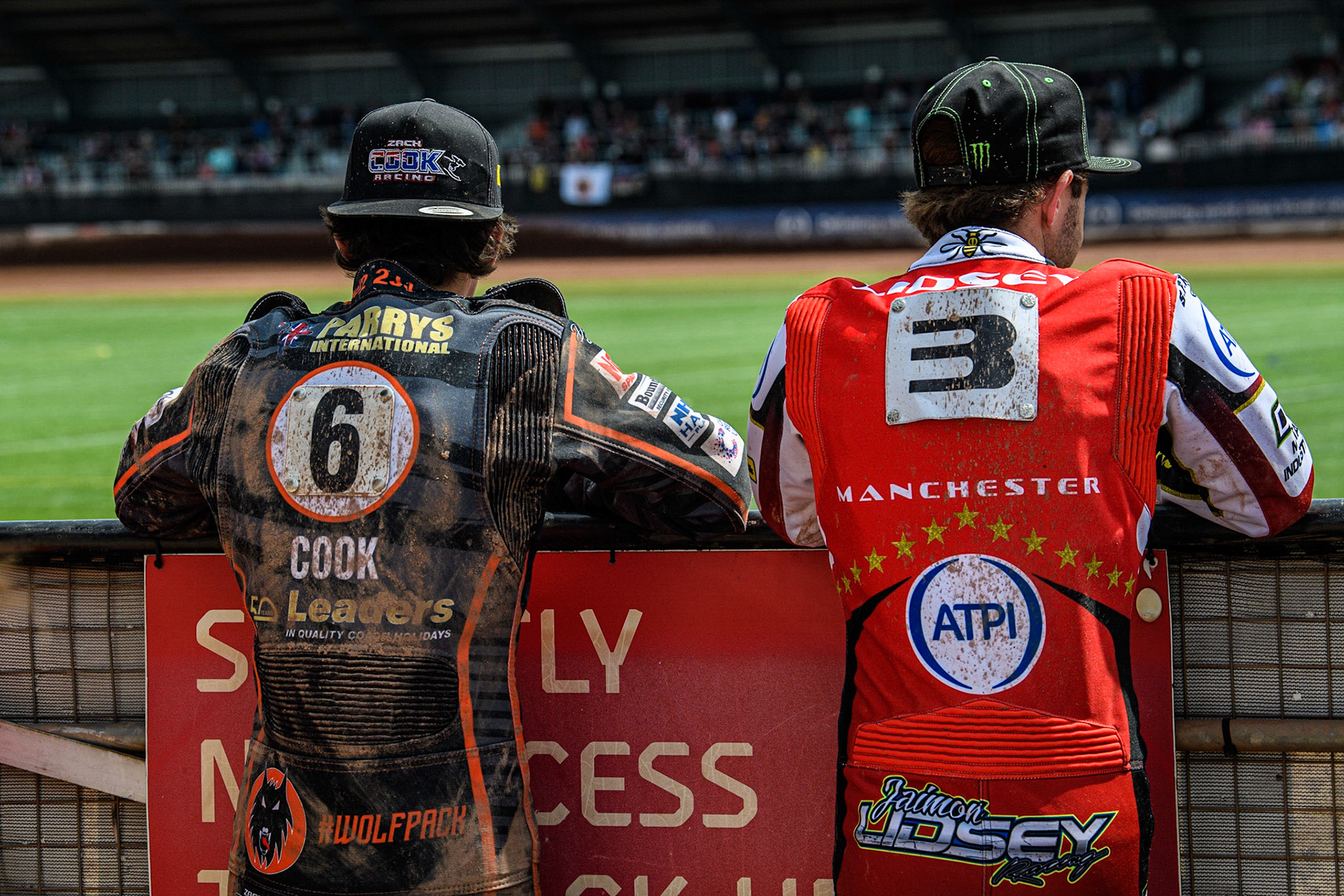 Zach Cook (left) and Jaimon Lidsey watch the track prep during the Sports Insure Premiership match between Belle Vue Aces and Wolverhampton Wolves at the National Speedway Stadium, Manchester on Monday 29th May 2023. (Photo: Ian Charles | MI News)
