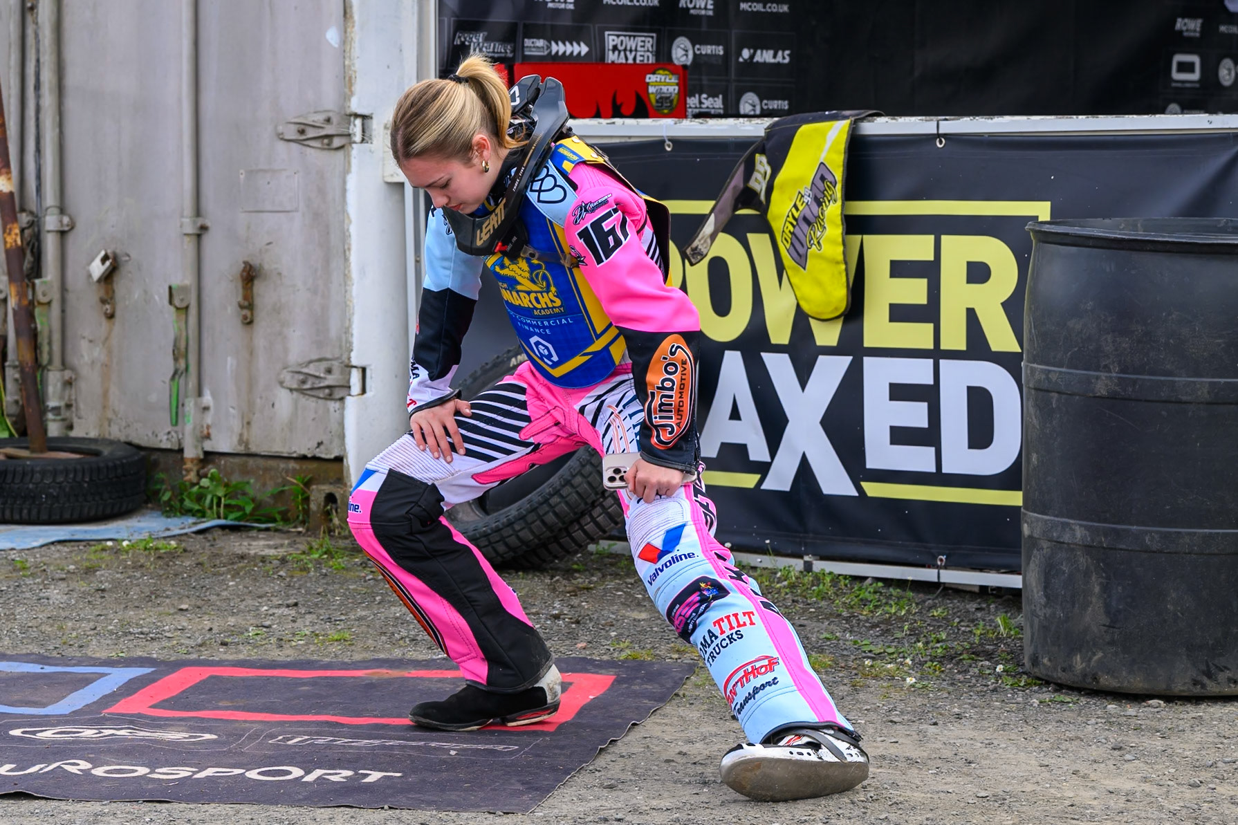 Anika Loftus of Edinburgh Monarchs Academy does some warm up exercise during the WSRA National Development League match between Buxton Bulls and Edinburgh Monarchs Academy at Hi-Edge Speedway, Buxton on Sunday 14th June 2026. (Photo: Ian Charles | MI News)