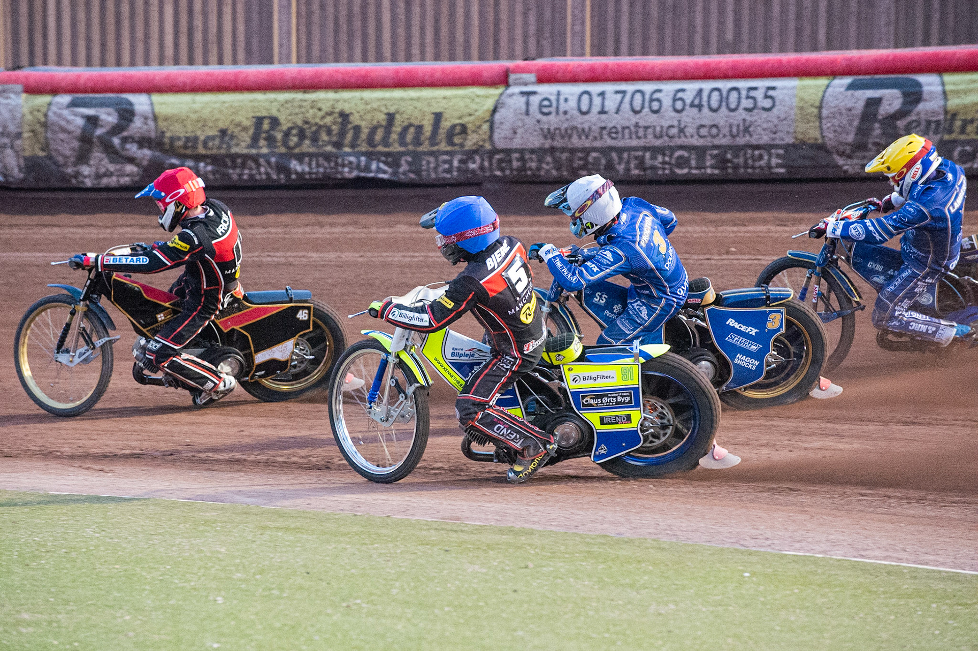 Photo: Ian Charles

​Max Fricke   (Red) leads as ​Kenneth Bjerre​​  (Blue) passes ​Ty Proctor  (White) and ​Robert Lambert  (Yellow) on the inside 

Belle Vue Aces v Kings Lynn Stars, British Speedway Premiership, Belle Vue National Speedway Stadium, Manchester, Thursday 16  May  2019