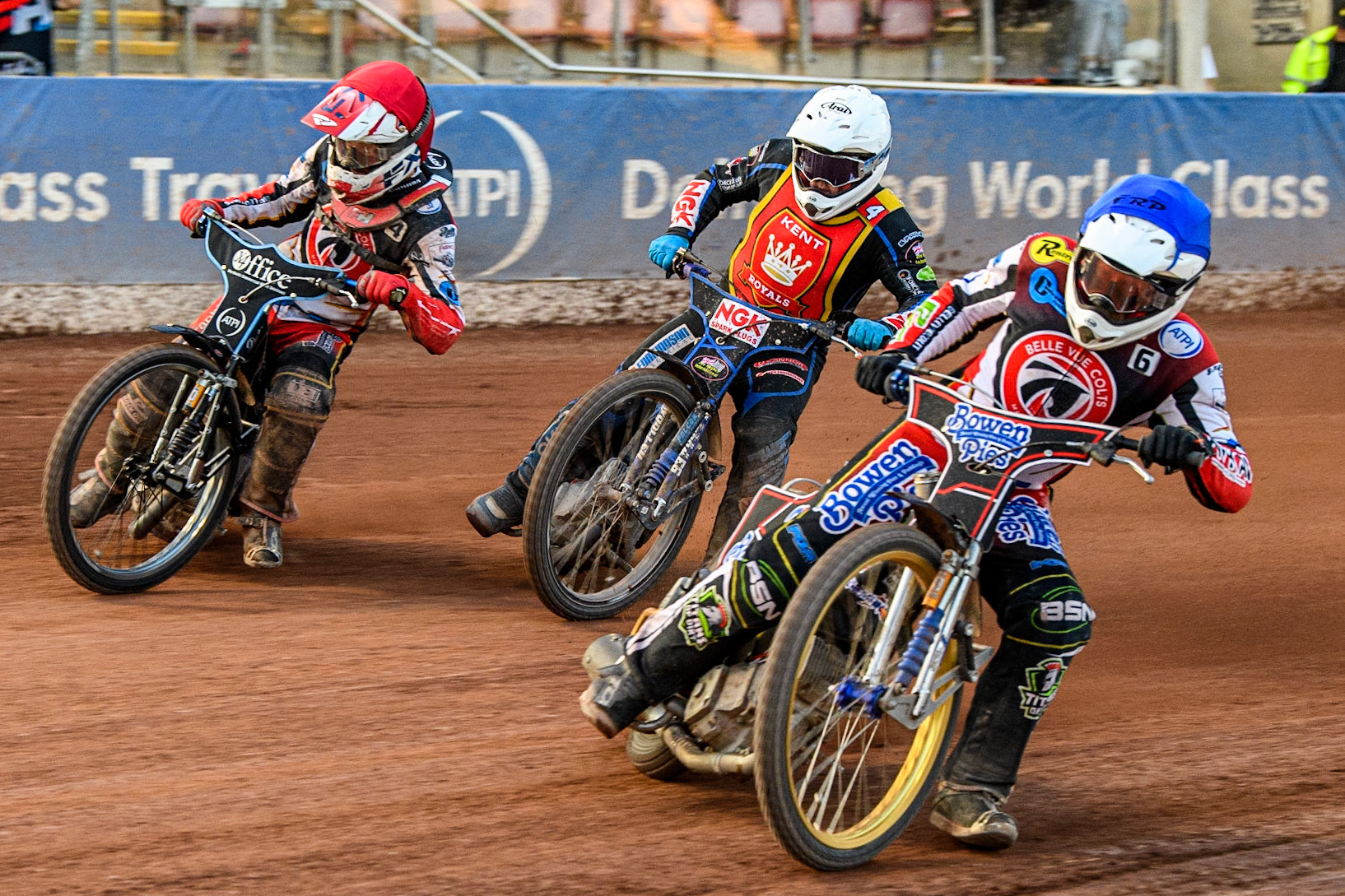 Paul Bowen (Blue) leads Freddy Hodder (Red) with Tom Woolley (White) behind during the National Development League match between Belle Vue Colts and Kent Royals at the National Speedway Stadium, Manchester on Friday 7th July 2023. (Photo: Ian Charles | MI News)