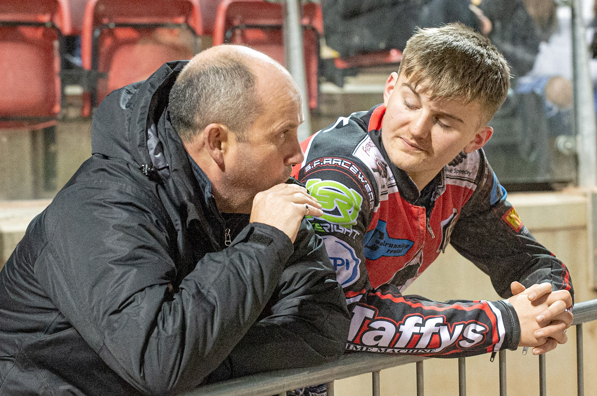 Photo: Ian Charles

Belle Vue Colts  team sponsor Richard Cotton (left) with Leon Flint 

Belle Vue Colts v Leicester Lion Cubs, SGB National League KO Cup Final (2nd Leg), Belle Vue National Speedway Stadium, Manchester, Tuesday 29  October  2019