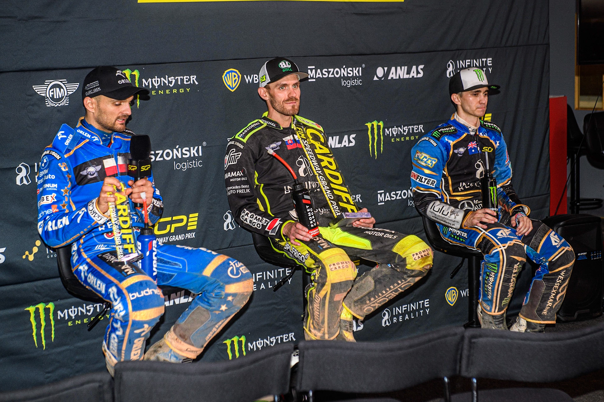 The top 3 at the post meeting press conference - (L to R) Bartosz Zmarzlik (3rd), Martin Vaculik (Winner), Jack Holder (2nd) during the FIM Speedway Grand Prix of Great Britain at the Principality Stadium, Cardiff on Saturday 2nd September 2023. (Photo: Ian Charles | MI News)