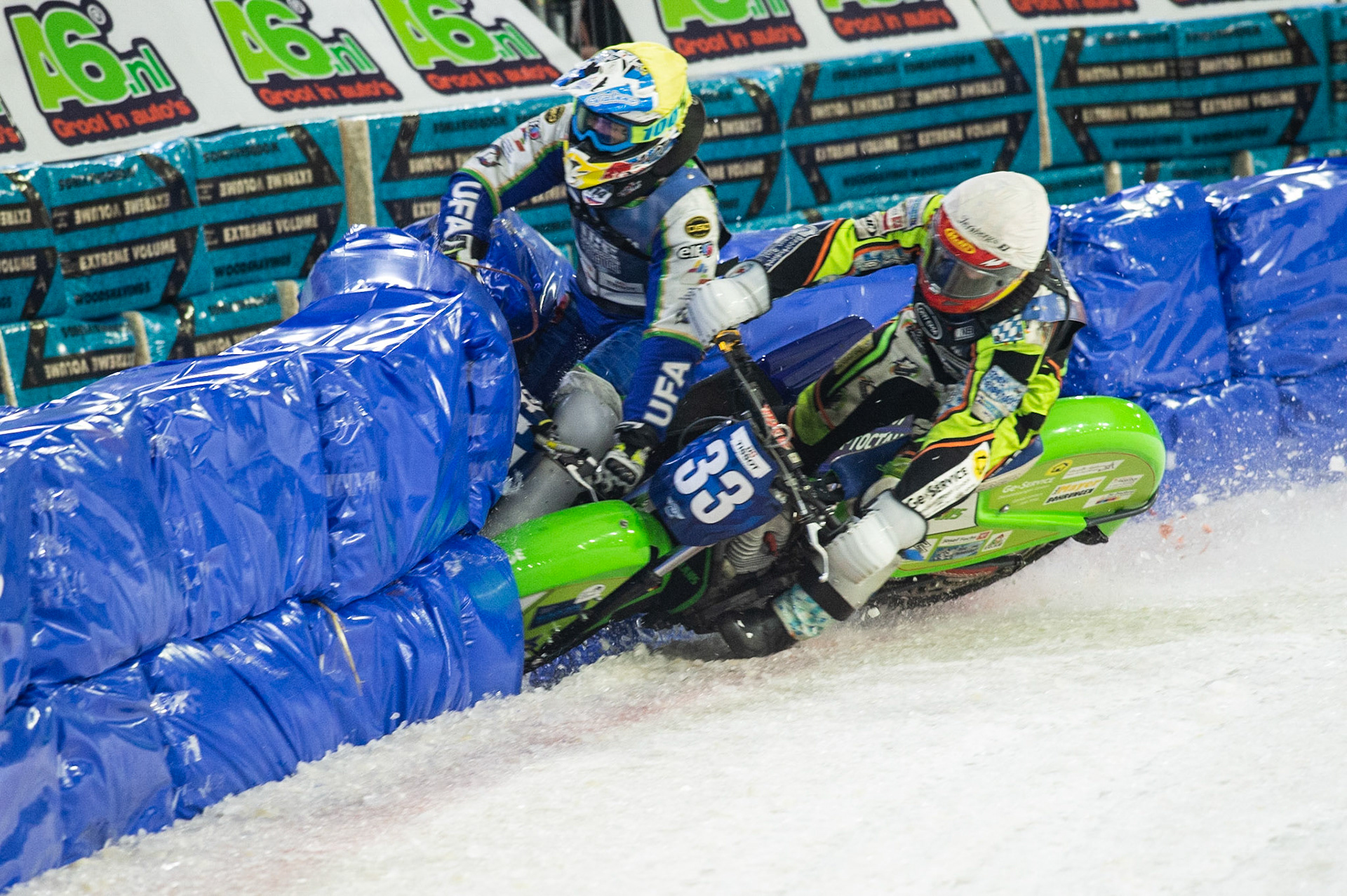Photo: Ian Charles

Johann Weber (33) and Dinar Valeev (114) lock together and crash out 

FIM Ice Speedway Gladiators World Championship, Event 5.1, Ice Rink Thialf, Heerenveen, Netherlands Saturday  30  March  2019