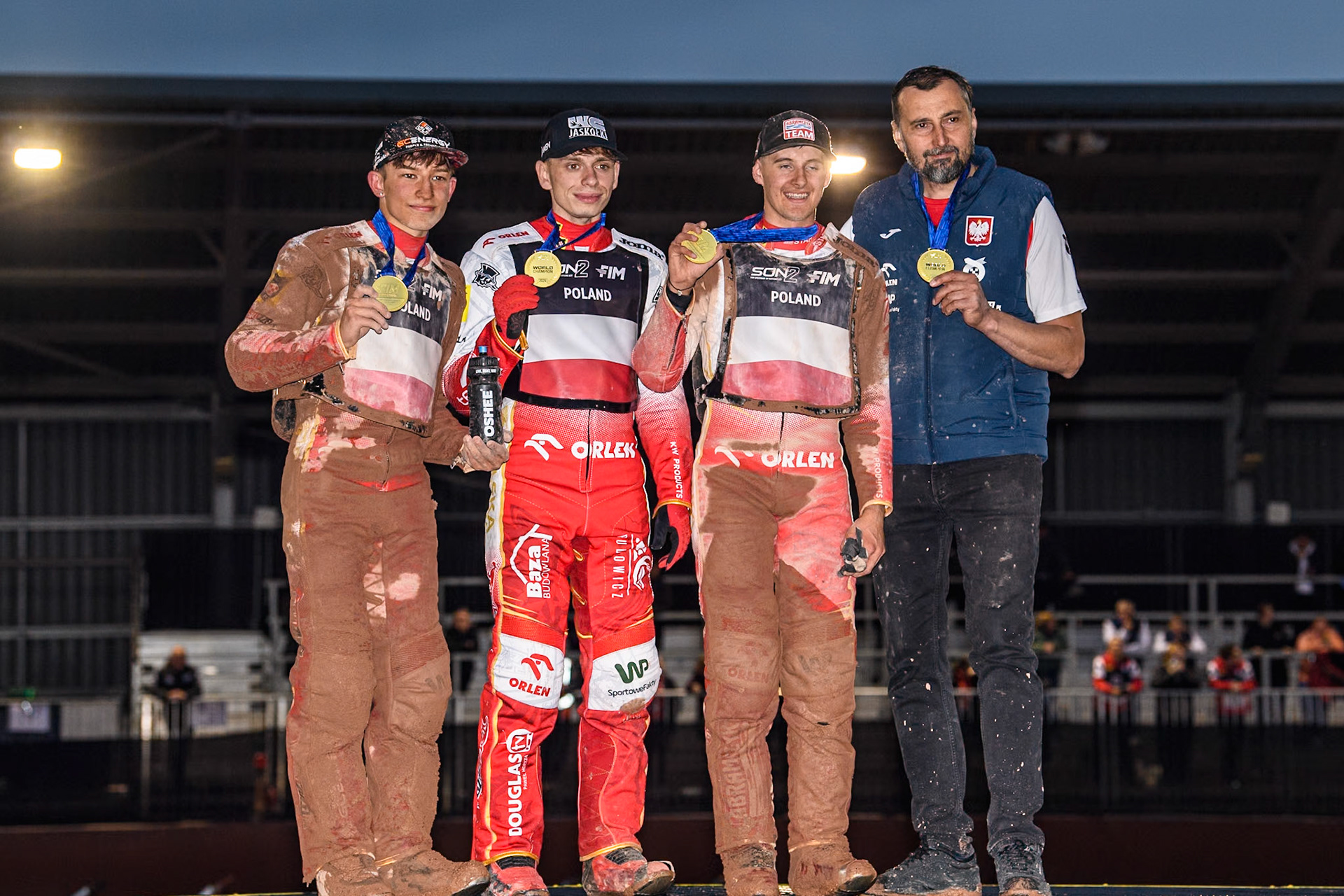 Winners Poland (L to R) Bartosz Banbor, Jakub Krawczyk, Wiktor Przyjemski and Polish Team manager, Rafal Dobrucki during the Monster Energy FIM Speedway of Nations 2 (Under 21) Final at the National Speedway Stadium, Manchester on Friday 12th July 2024. (Photo: Ian Charles | MI News)