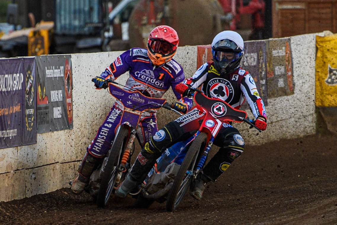 Brady Kurtz (White) forces his way past Niels-Kristian Iversen (Red) during the Sports Insure Premiership match between Peterborough and Belle Vue Aces at East of England Showground, Peterborough on Monday 26th June 2023. (Photo: Ian Charles | MI News)