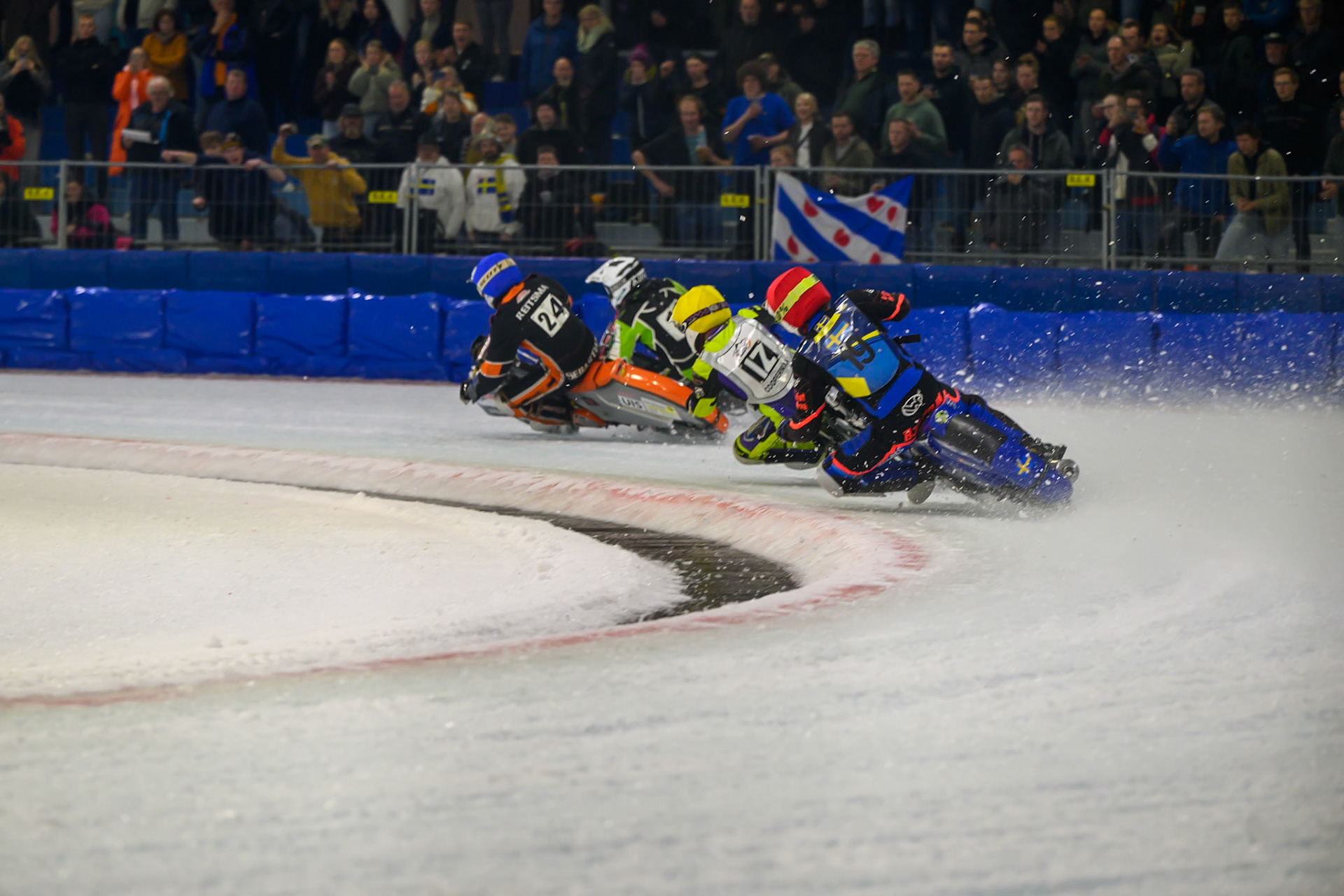 Melwin Björklin of Sweden  in Red chases Paul Cooper of Great Britain in Yellow, Sebastian Reitsma of The Netherlands  in Blue and Arttu Lehtinen of Finland  in Whiteduring the ROELOF THIJS BOKAAL at Ice Rink Thialf, Heerenveen on Friday 10th April 2026.  (Photo: Ian Charles | MI News)