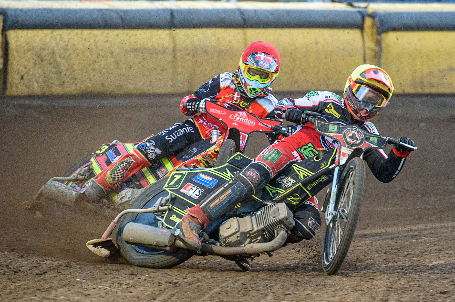 PETERBOROUGH, UK. JULY 19TH  Jye Etheridge  (Yellow) leads Michael Palm-Toft  (Red) during the SGB Premiership match between Peterborough and Belle Vue Aces at East of England Showground, Peterborough on Monday 19th July 2021. (Credit: Ian Charles | MI News)