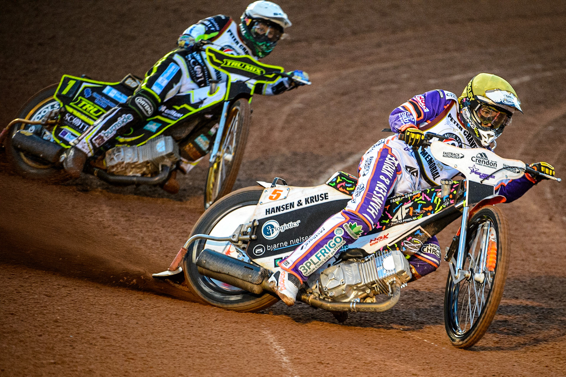 Niels-Kristian Iversen  (Yellow) leads Jason Doyle  (White) during the Peter Craven Memorial Trophy  at the National Speedway Stadium, Manchester on Monday 3rd April 2023. (Photo: Ian Charles | MI News)
