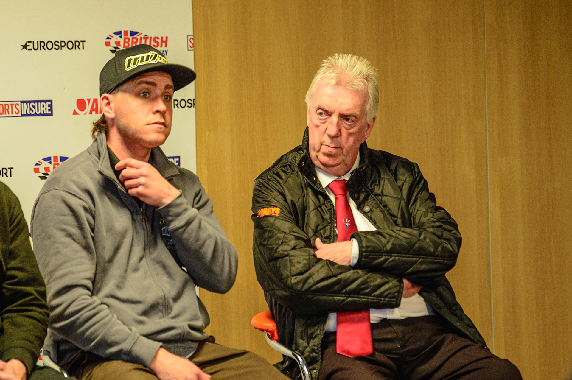 MANCHESTER, UK. APRIL 12TH: Richie Hawkins (left), Manager of Ipswich and Wolves’ Manager Peter Adams at the Discovery Networks Eurosport Speedway Season Launch at the National Speedway Stadium, Manchester on Tuesday 12th April 2022 (Credit: Ian Charles | MI News)