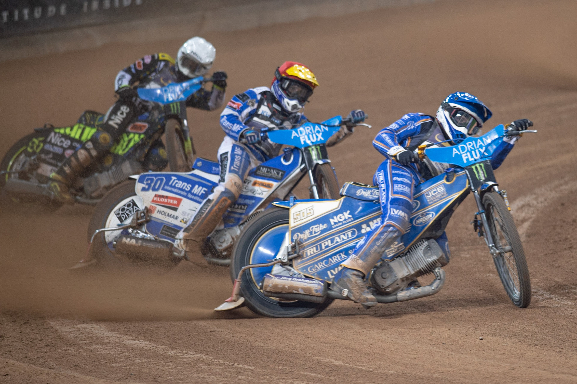 CARDIFF,WALES  Robert Lambert (Blue) leads Leon Madsen (Yellow) and Antonio Lindback (White) during the ADRIAN FLUX BRITISH FIM SPEEDWAY GRAND PRIX at the Principality Stadium, Cardiff on Saturday 21st September 2019. (Credit: Ian Charles | MI News)
