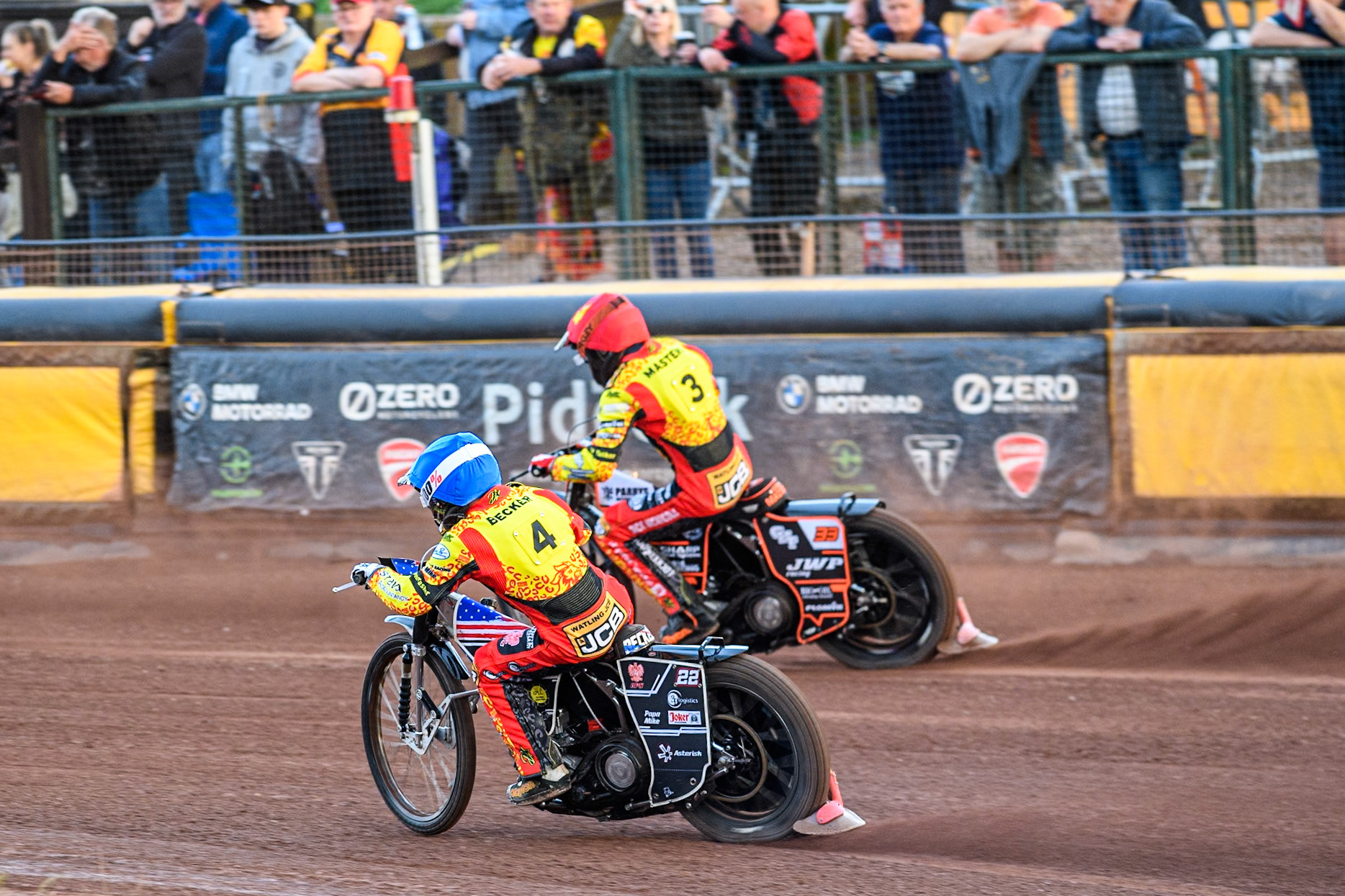 Leicester Lions' Luke Becker chases Leicester Lions' team mate Sam Masters in Red during the Rowe Motor Oil Premiership match between Leicester Lions and Belle Vue Aces at the Pidcock Motorcycles Arena, Leicester on Thursday 25th July 2024. (Photo: Ian Charles | MI News)