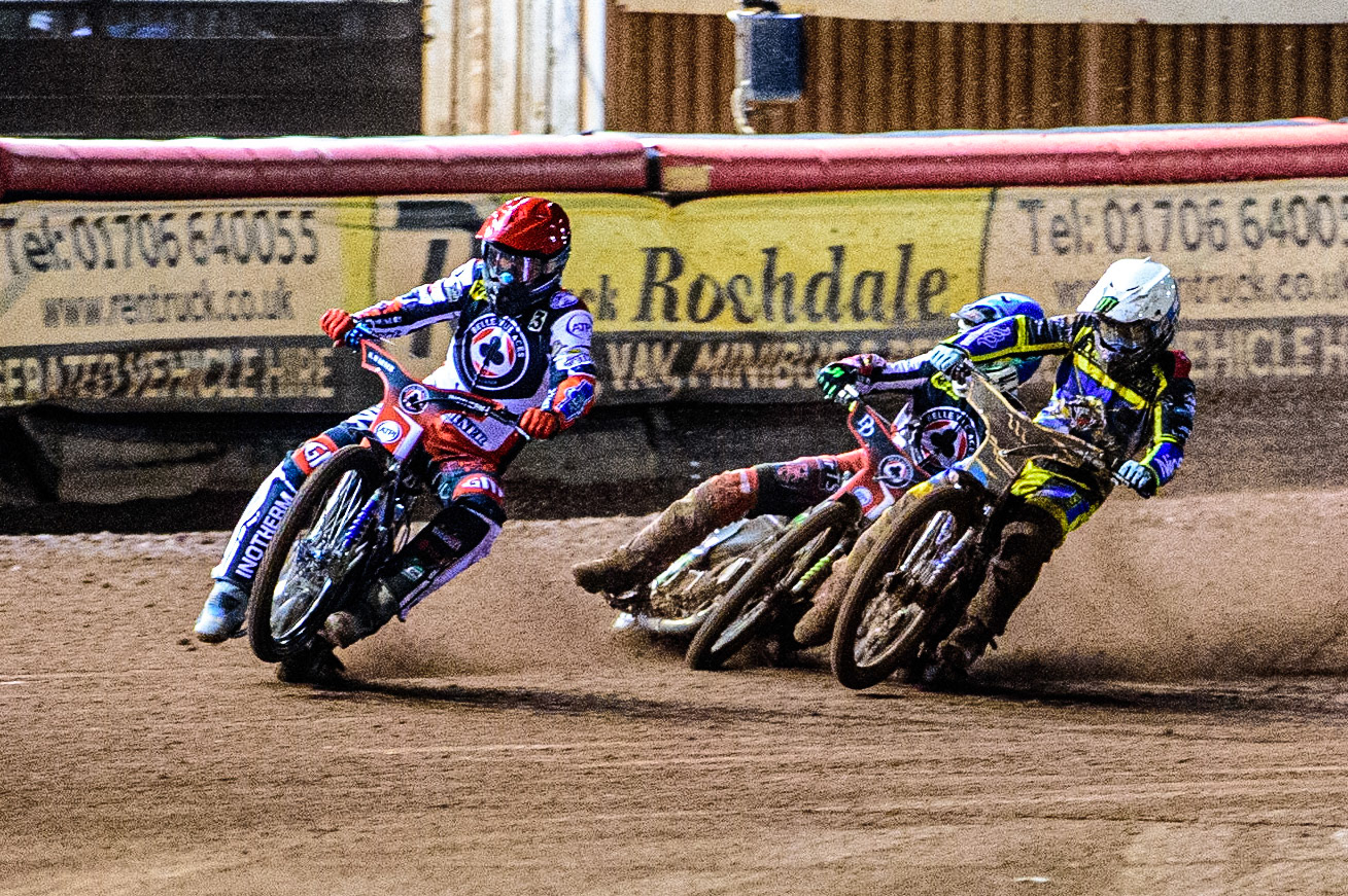 Jack Holder  (White) collides with Charles Wright  (Blue) behind Matej Zagar  (Red) during the SGB Premiership Grand Final 1st leg between Belle Vue Aces and Sheffield Tigers at the National Speedway Stadium, Manchester on Monday 10th October 2022. (Credit: Ian Charles | MI News)