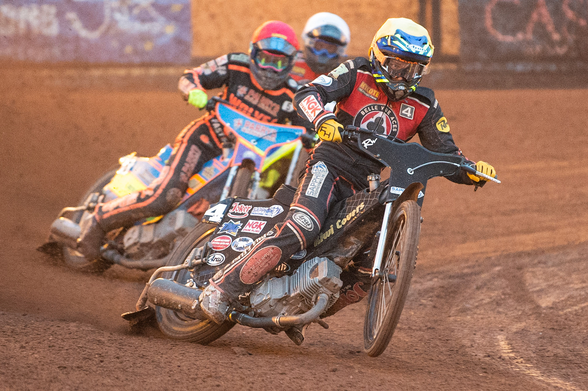 Photo by Ian Charles:

Ricky Wells  (Yellow) leads Rory Schlein   (Red) and Kenneth Bjerre (White)

Wolverhampton Wolves v Belle Vue Aces, British Speedway Premiership 22 April 2019