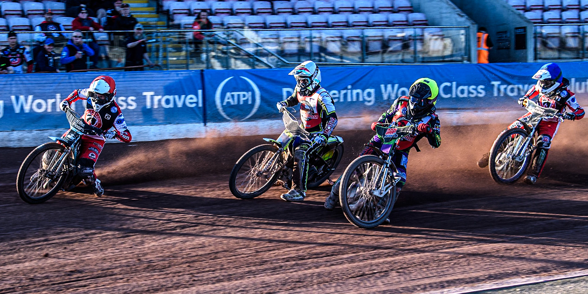 Belle Vue Colts' Chad Wirtzfeld in Red leading Middlesbrough Tigers' Ben Rathbone in White, Middlesbrough Tigers' Kai Ward in Yellow and Belle Vue Colts' Jack Shimelt in Blue during the WSRA National Development League match between Belle Vue Colts and Middlesbrough Tigers at the National Speedway Stadium, Manchester on Monday 17th June 2024. (Photo: Ian Charles | MI News)