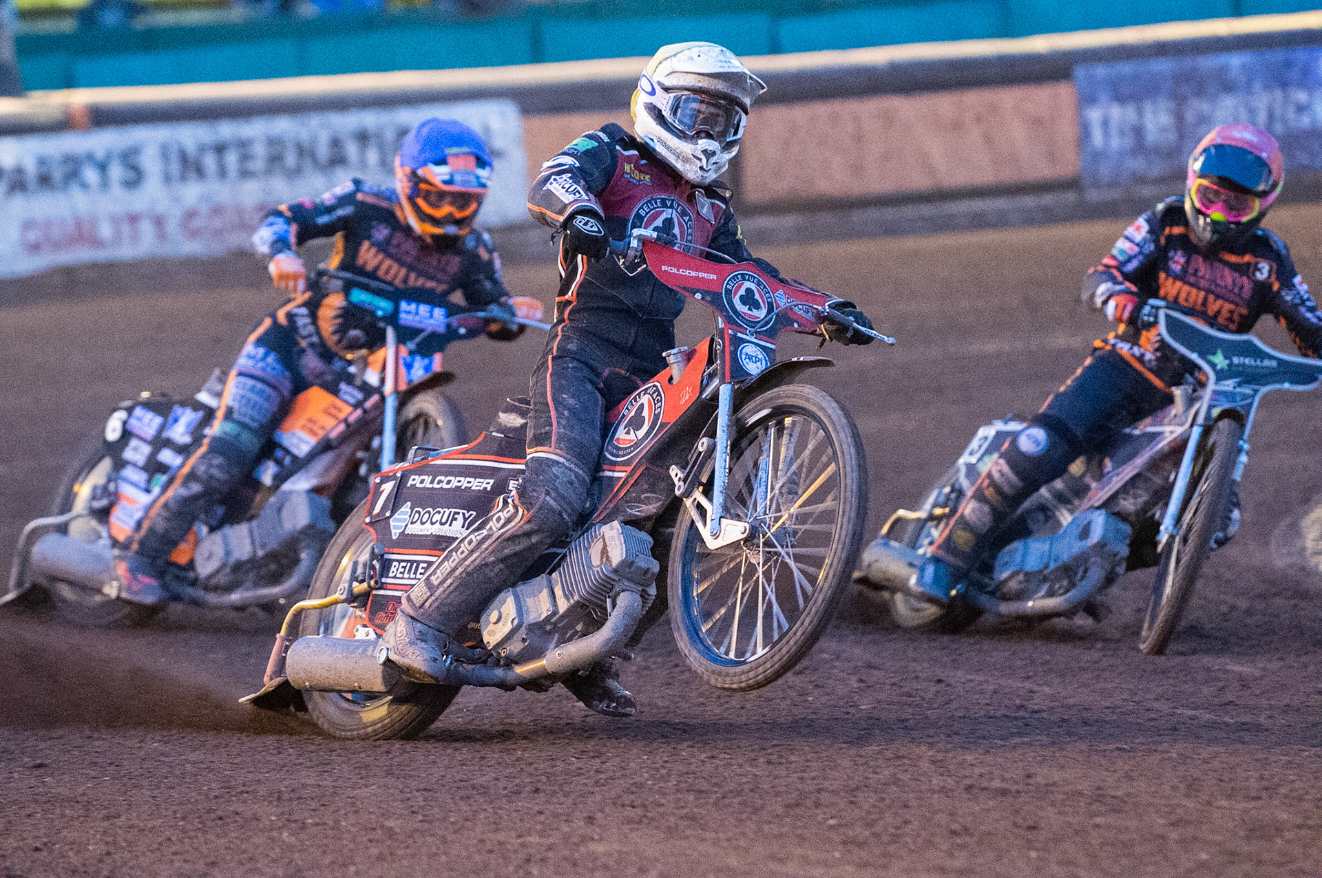 Photo by Ian Charles:

Jaimon Lidsey  (Yellow) picks up some drive ahead of Ashley Morris  (Blue) and Scott Nicholls  (Red)


Wolverhampton Wolves v Belle Vue Aces, British Speedway Premiership 22 April 2019