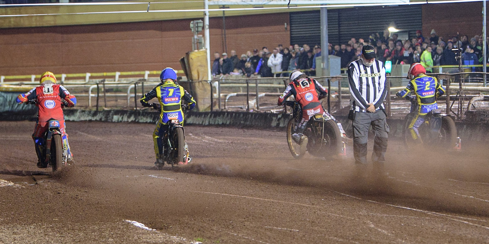Start of Heat 8: (l - r) Simon Lambert (Yellow), Connor Mountain  (Blue), Norick Blödorn  (White) and Lewis Kerr  (Red) during the SGB Premiership Grand Final 2nd Leg between Sheffield Tigers and Belle Vue Aces at Owlerton Stadium, Sheffield on Thursday 13th October 2022. (Credit: Ian Charles | MI News)