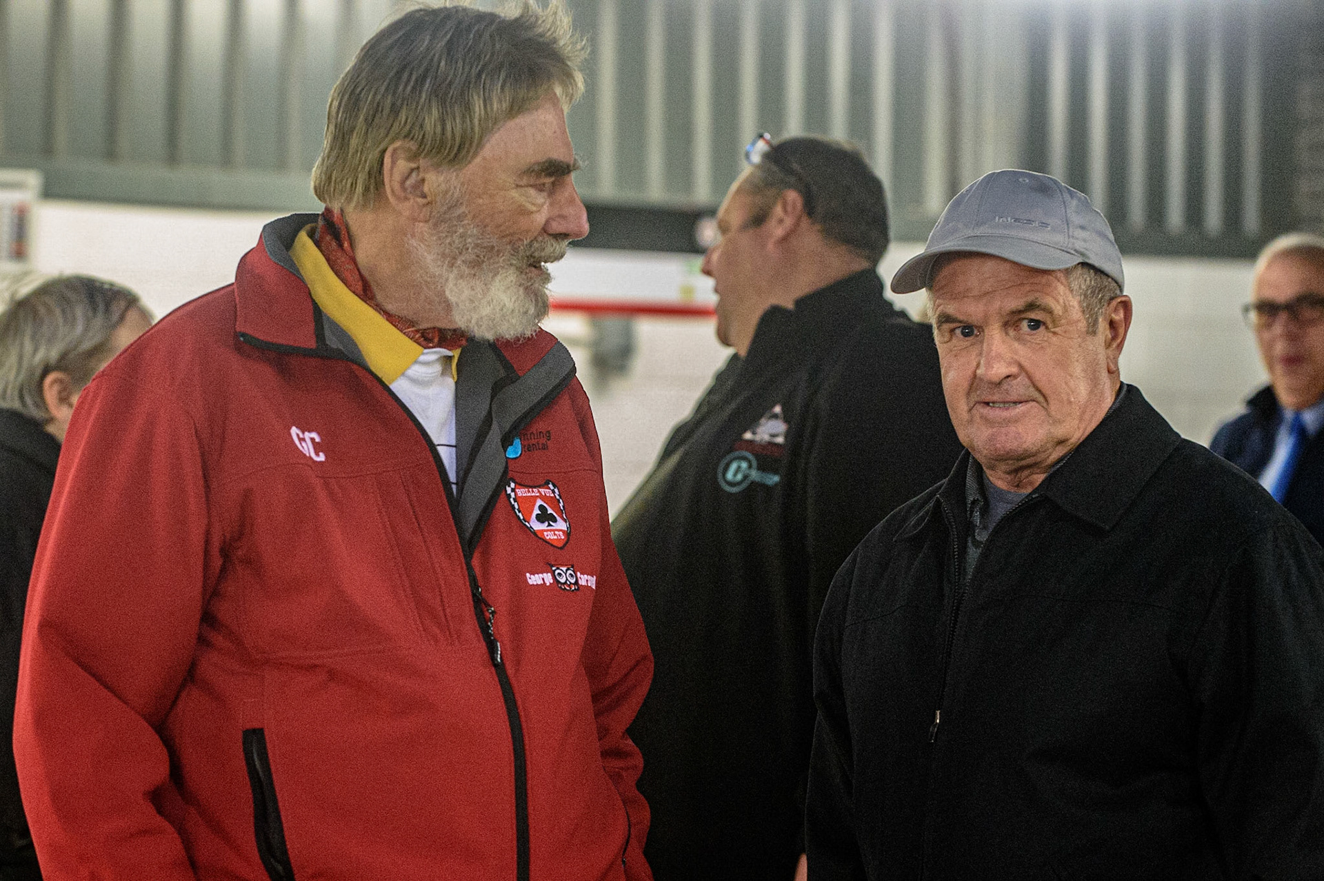 MANCHESTER, UK. OCT 7TH  Former Belle Vue Promoter George Carswell (left) chats with former Belle Vue Track curator Colin Meredith during the SGB Premiership Play off Semi-Final Second Leg between Belle Vue Aces and Sheffield Tigers at the National Speedway Stadium, Manchester on Thursday 7th October 2021. (Credit: Ian Charles | MI News)
