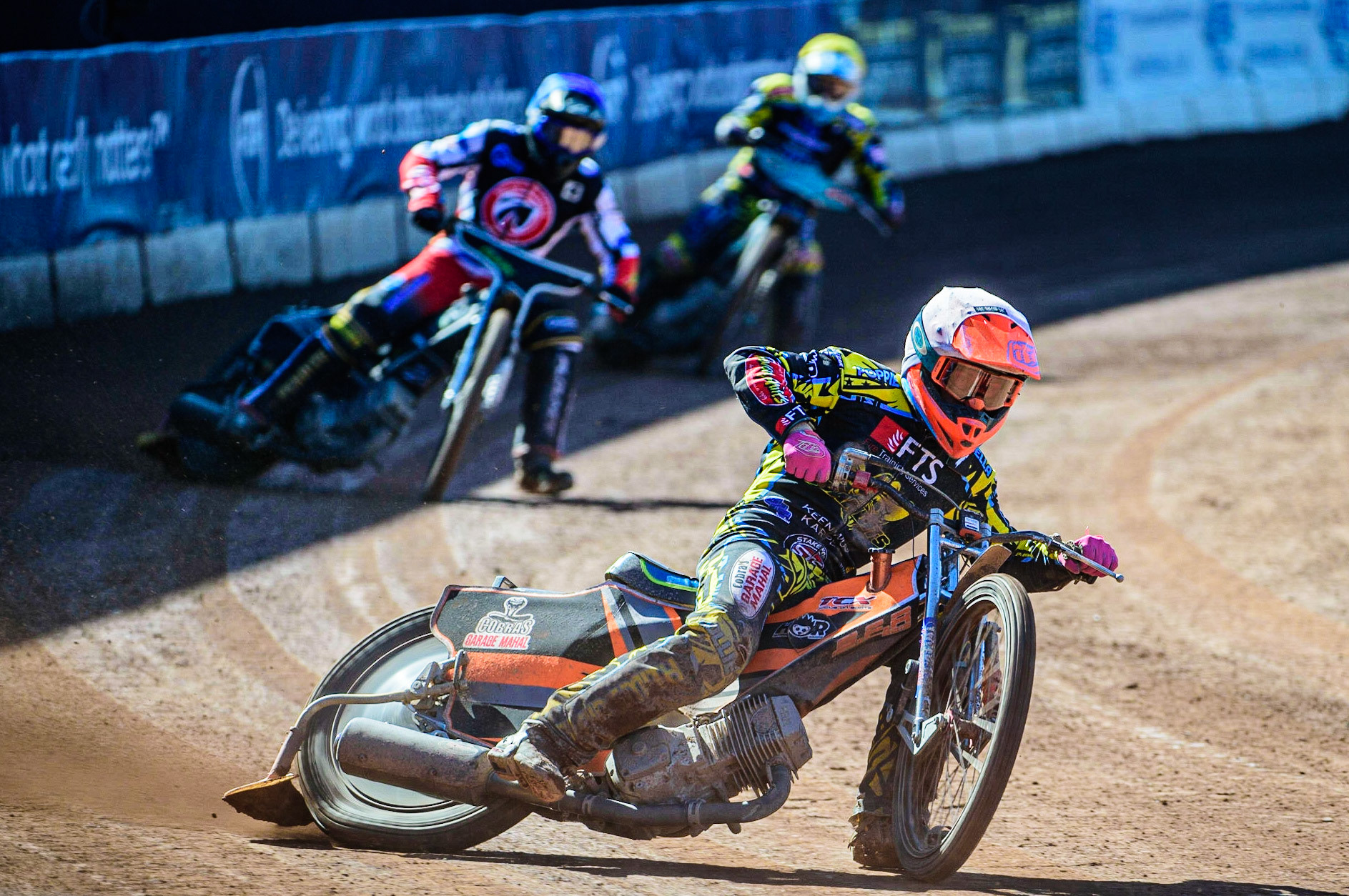 Connor Coles  (White) leads Matt Marson  (Blue) and Jamie Halder  during the National Development League match between Belle Vue Colts and Berwick Bullets at the National Speedway Stadium, Manchester on Friday 7th April 2023. (Photo: Ian Charles | MI News)