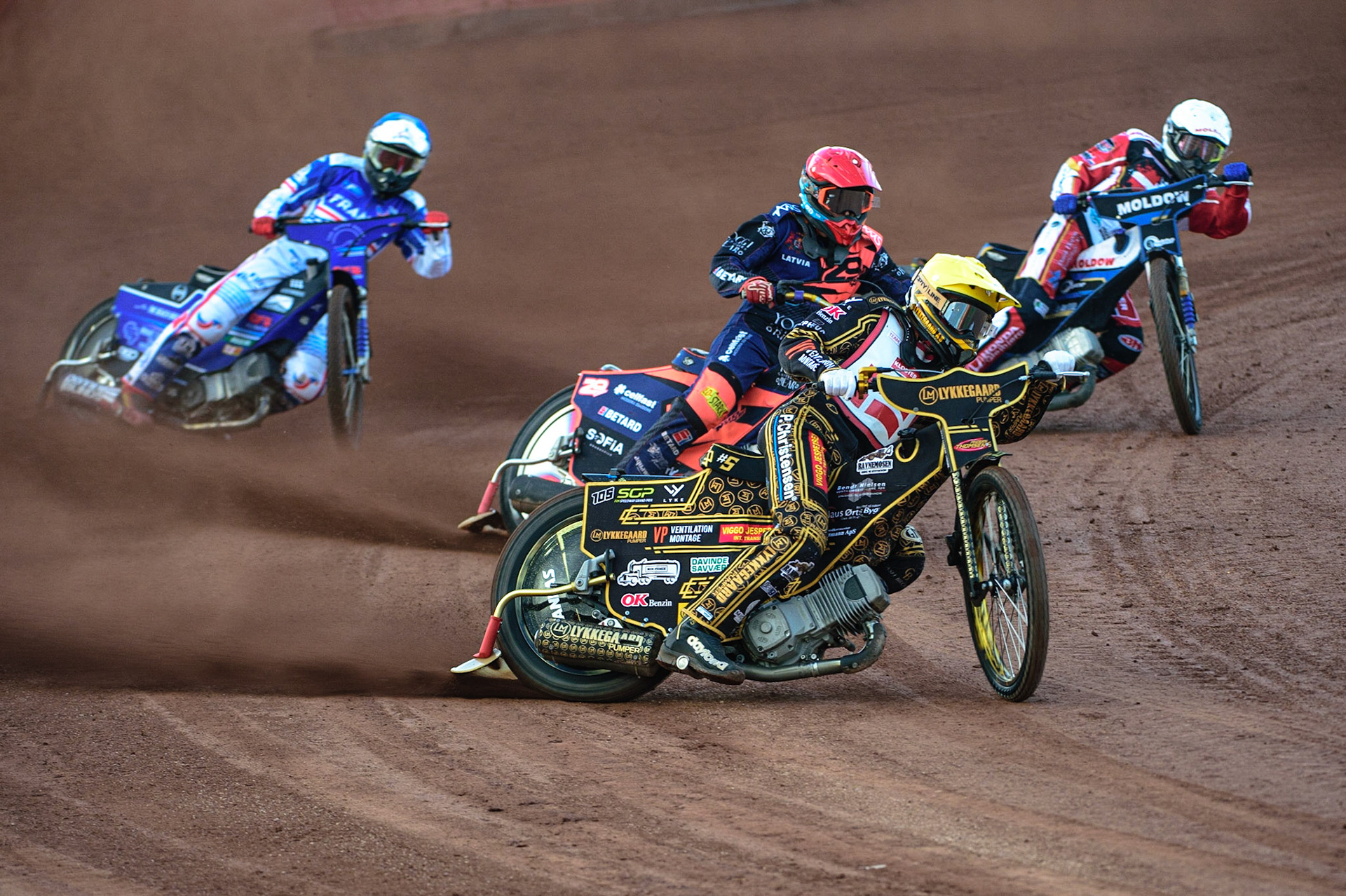 Anders Thomsen (Denmark) (Yellow) leads Andzejs Lebedevs (Latvia) (Red) David Bellego (France)(Yellow)and Rasmus Jensen (Denmark) (White) during the FIM Speedway Grand Prix Challenge at the Peugeot Ashfield Stadium, Glasgow on Saturday 20th August 2022. (Credit: Ian Charles | MI News)