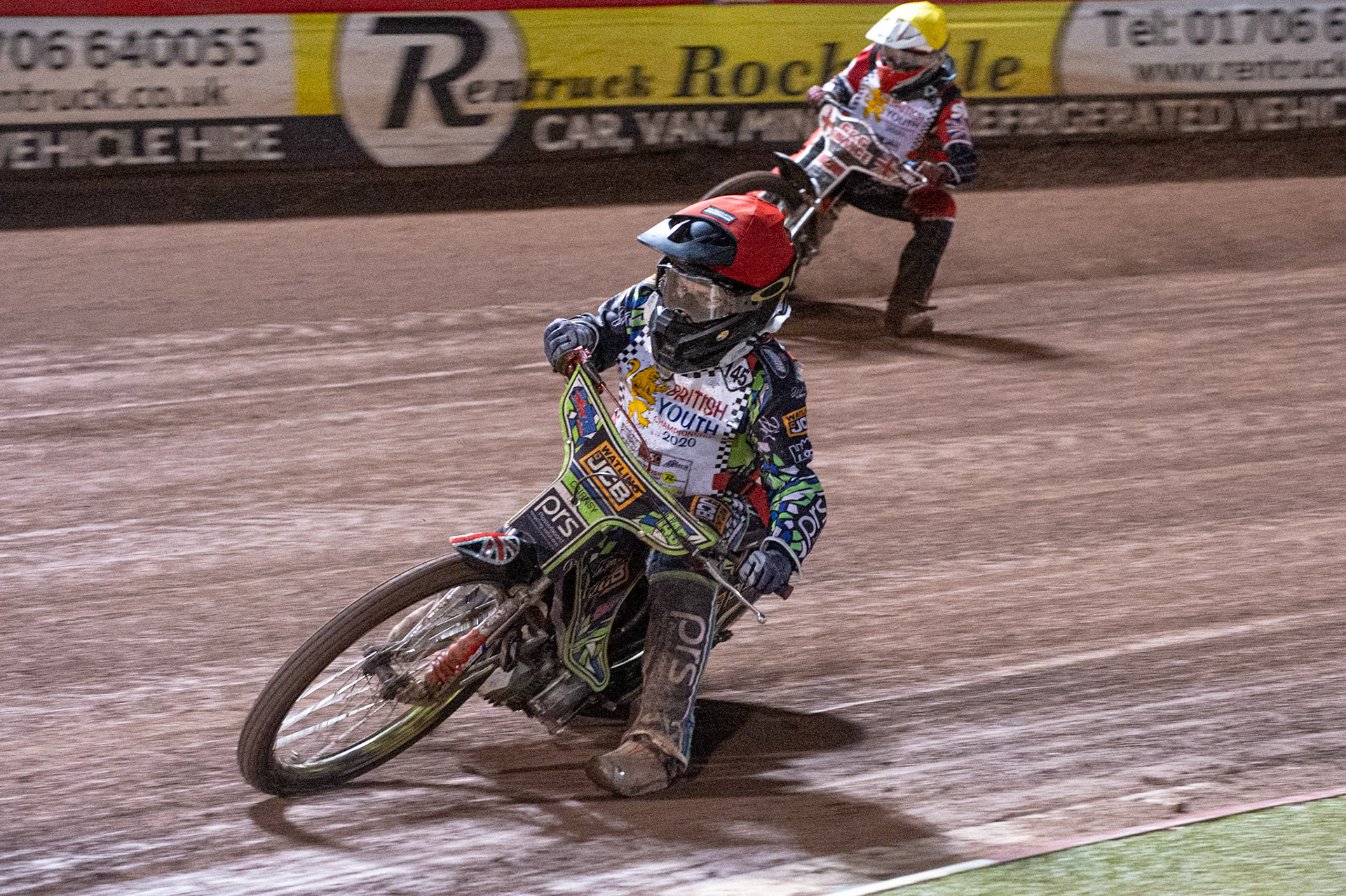 Photo: Ian CharlesWilliam Cairns (Red) leads Jack Shimelt (Yellow) (125cc A Class)British Youth Speedway Championship (Round 5), National Speedway Stadium, Manchester Saturday  10  October  2020