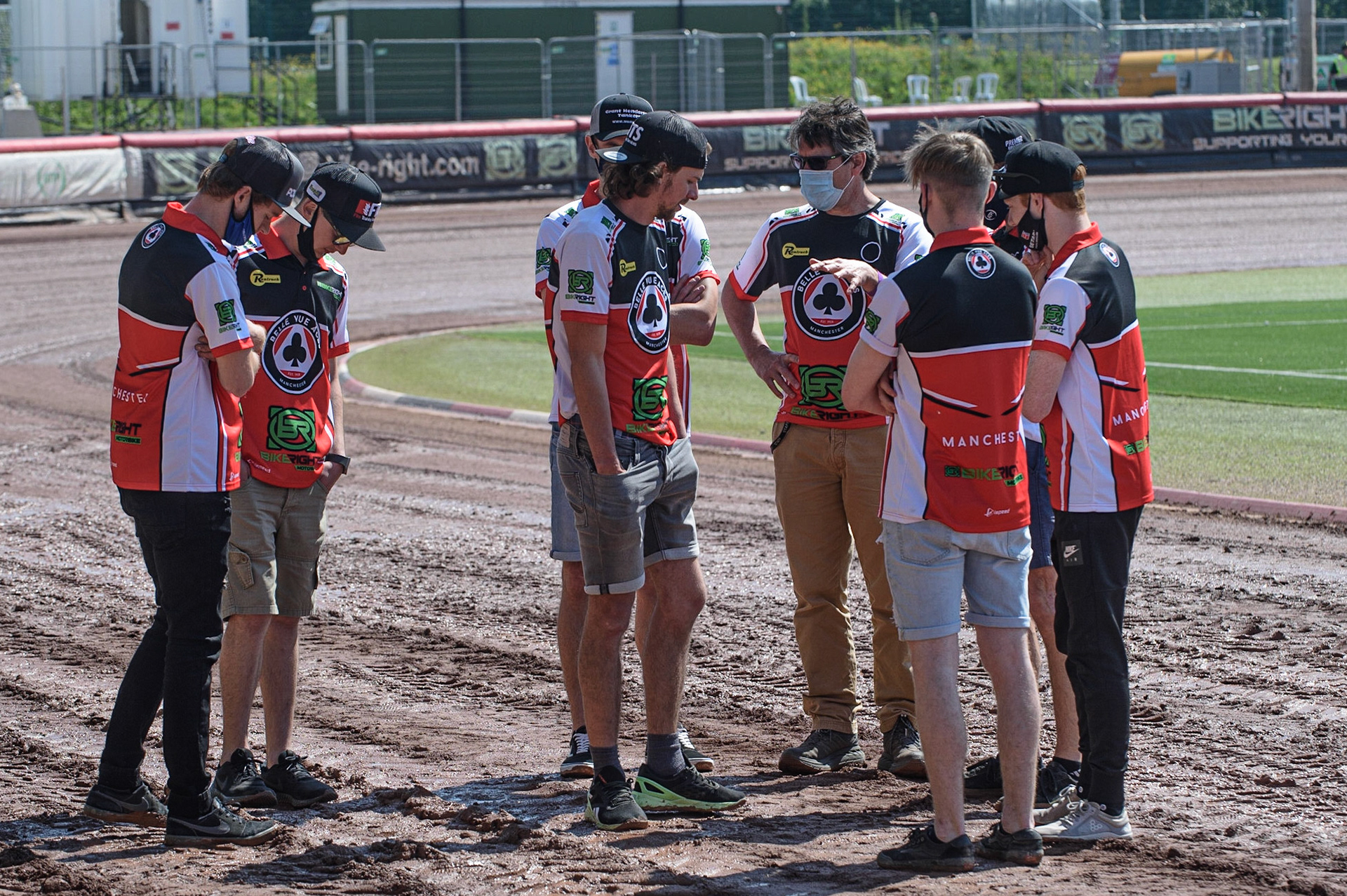 MANCHESTER, UK. MAY 31ST  The Belle Vue BikeRight Aces on their pre-meeting track walk during the SGB Premiership match between Belle Vue Aces and Peterborough at the National Speedway Stadium, Manchester on Monday 31st May 2021. (Credit: Ian Charles | MI News)
