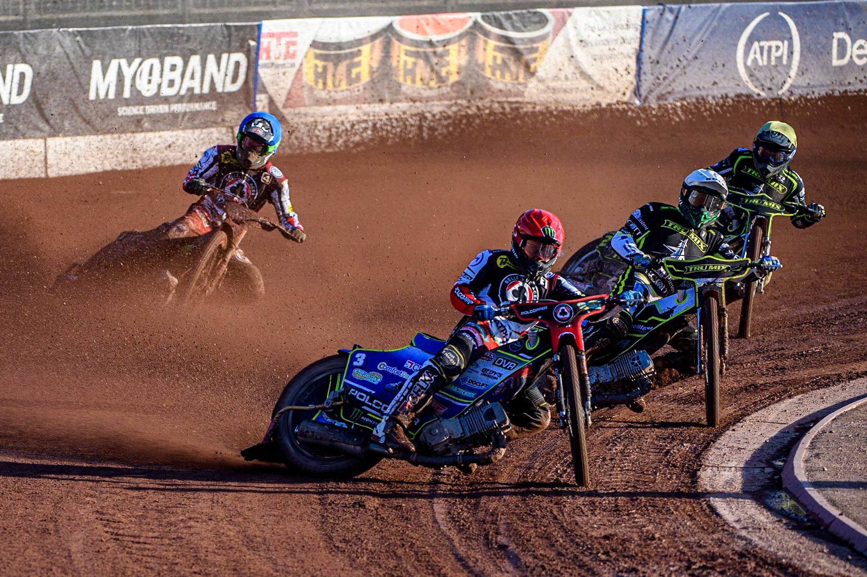 Jaimon Lidsey (Red) leads Jason Doyle (White), Ben Barker (Yellow) and Charles Wright (Blue) during the Sports Insure Premiership match between Belle Vue Aces and Ipswich Witches at the National Speedway Stadium, Manchester on Monday 5th June 2023. (Photo: Ian Charles | MI News)