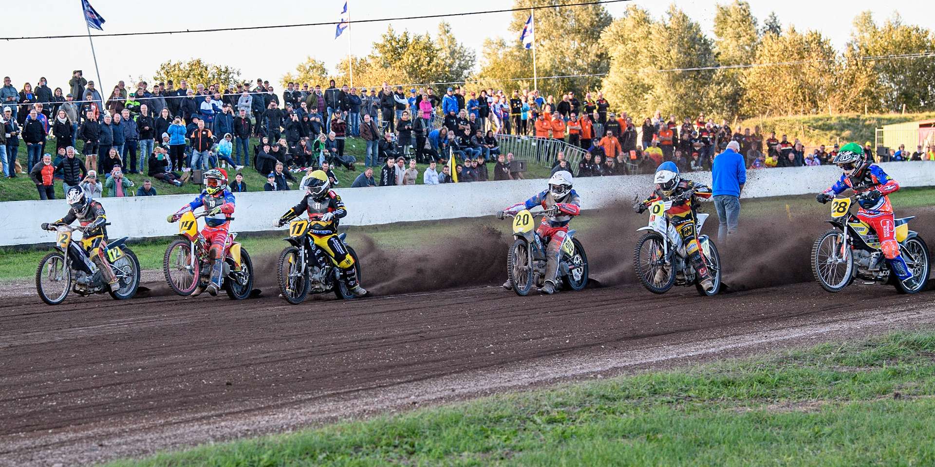 Heat 18: Netherlands v Germany (L to R) Jörg Tebbe (Black &amp; White), Romano Hummel (Red), Erik Riss (Yellow), Dave Meijerink (White), Martin Smolinski (Blue), Mika Meijer (Green) during the FIM Long Track Of Nations event at the Speed Centre Roden on Sunday 24th September 2023. (Photo: Ian Charles | MI News)