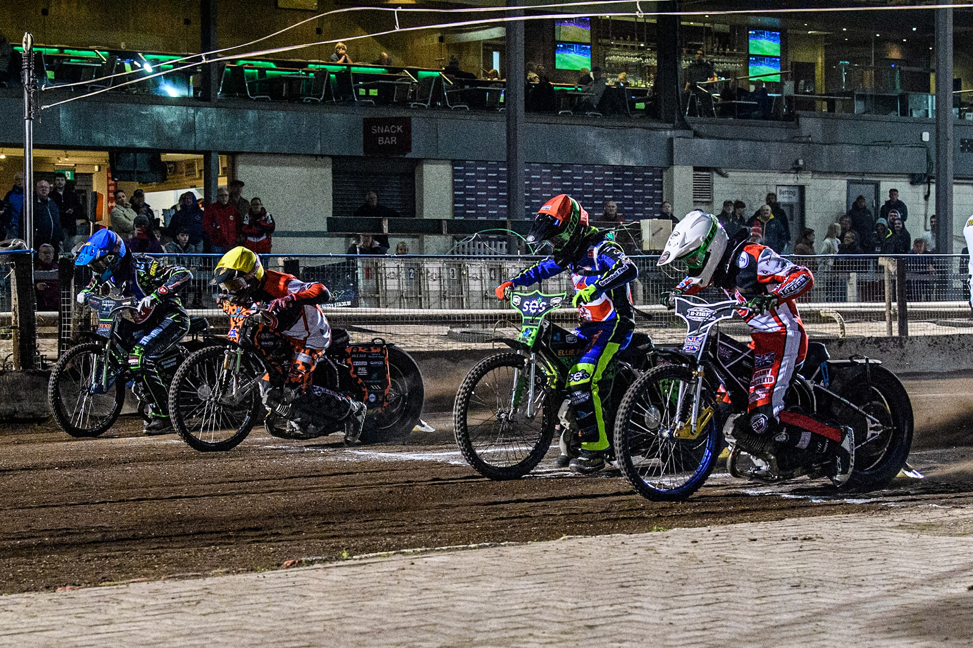 Start of Heat 7: (L to R) Steelers' Harrison Rogers in Blue, Belle Vue Colts' Guest Rider Cooper Rushen in Yellow, Steelers' Luke Harrison in Red and Belle Vue Colts' Jack Shimelt in White during the WSRA National Development League match between Steelers and Belle Vue Colts at Owlerton Stadium, Sheffield on Monday 5th May 2025. (Photo: Ian Charles | MI News)