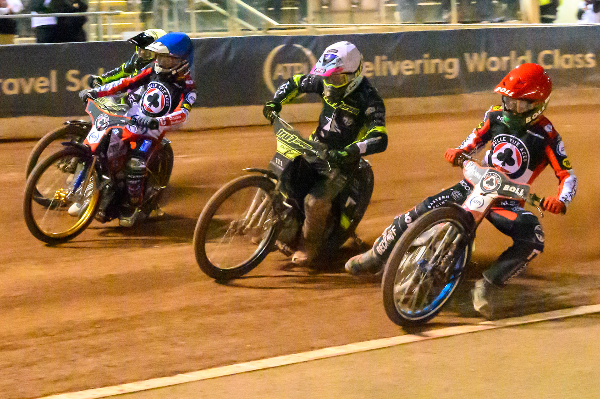 Brady Kurtz of Belle Vue Aces in Red on the inside of Richard Lawson of Ipswich Witches in White , Jason Doyle of Belle Vue Aces  in Blue and Tobias Musielak of Ipswich Witches in Yellow during the Rowe Motor Oil Premiership Play Off Semi Final 2nd leg match between Belle Vue Aces and Ipswich Witches at the National Speedway Stadium, Manchester on Monday 28th September 2026. (Photo: Ian Charles | MI News)