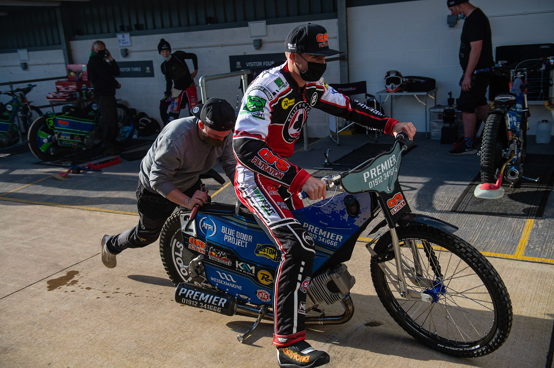 Photo: Ian CharlesSteve Worrall of Belle Vue 'BikeRight' Aces  gets a push startBelle Vue ‘Bikerite ’Aces v ‘ATPI’ All Stars, Premiership Challenge, National Speedway Stadium, Manchester Thursday  24  September  2020