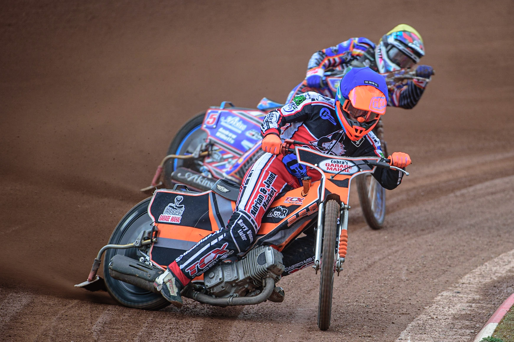MANCHESTER, UK. APR 15TH  Connor Coles  (Blue) leads Henry Atkins  (Yellow)  during the National Development League match between Belle Vue Colts and Plymouth Centurions at the National Speedway Stadium, Manchester on Friday 15th April 2022. (Credit: Ian Charles | MI News)