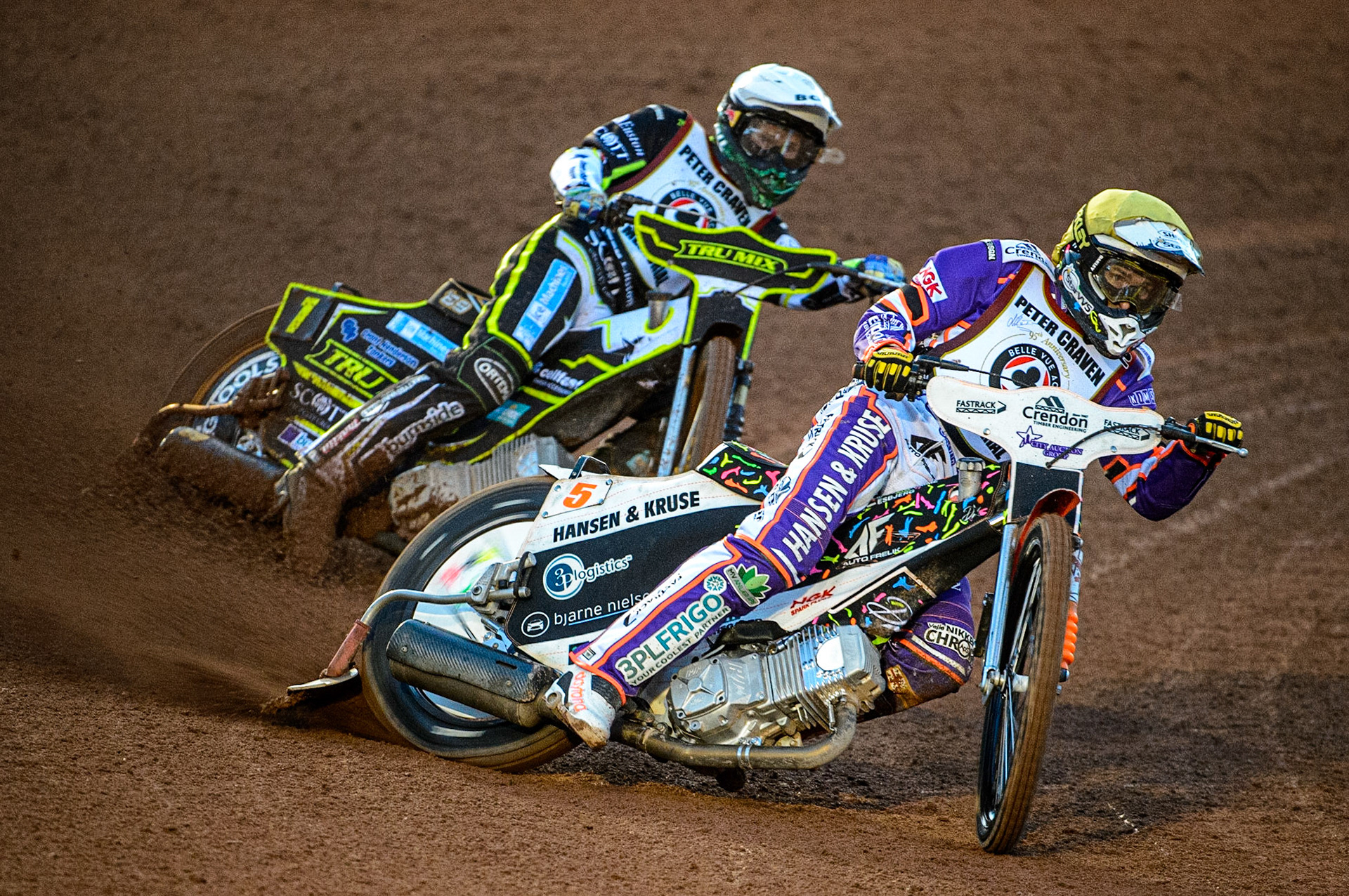 Niels-Kristian Iversen (Yellow) leads Jason Doyle  (White) during the Peter Craven Memorial Trophy  at the National Speedway Stadium, Manchester on Monday 3rd April 2023. (Photo: Ian Charles | MI News)