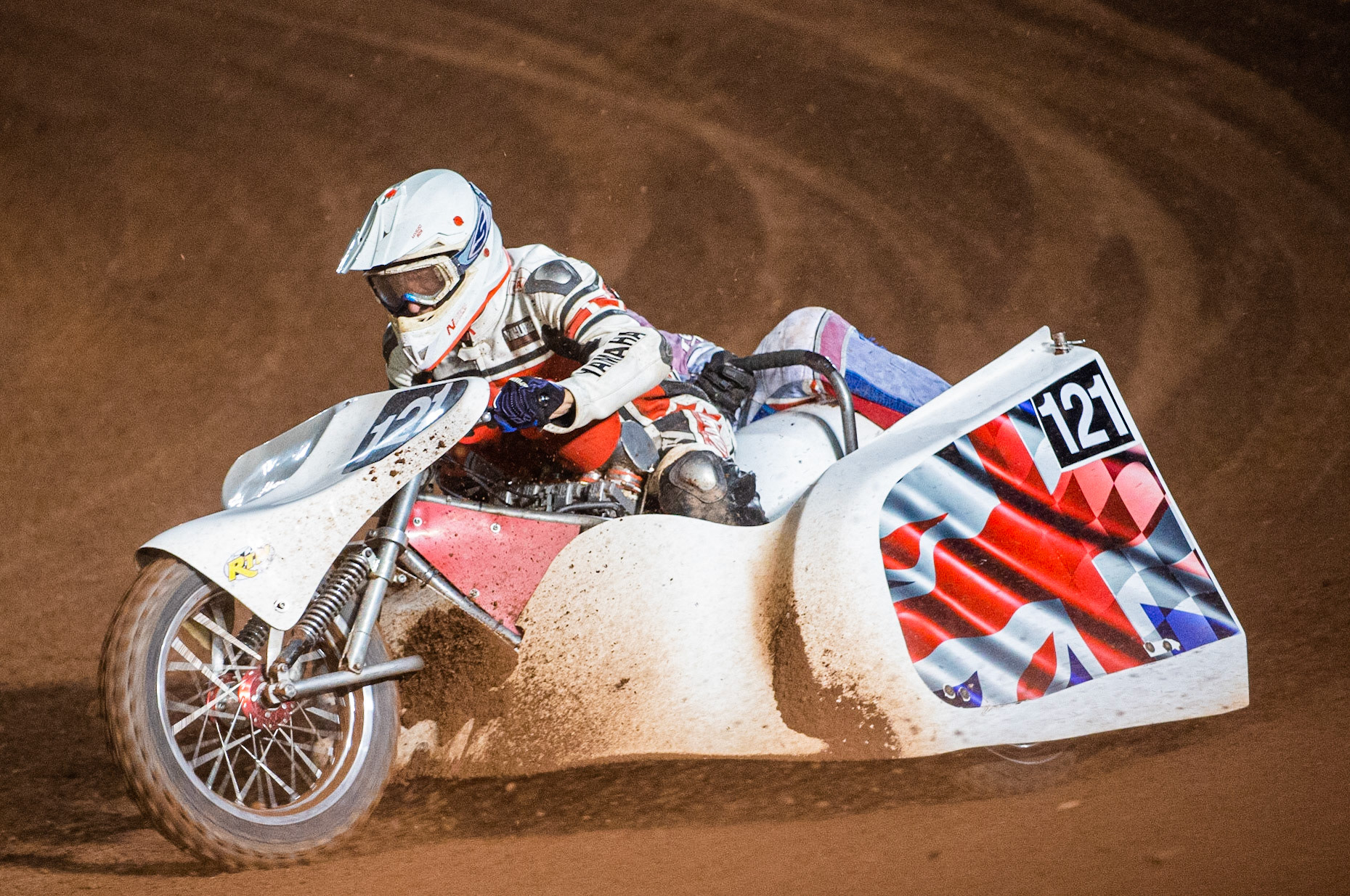 MANCHESTER, ENGLAND Steve Maitland & Terry Madley(121) in action  during the  ACU Sidecar Speedway Manchester Masters,  Belle Vue National Speedway Stadium, Manchester Saturday 12 October 2019 (Credit: Ian Charles | MI News)