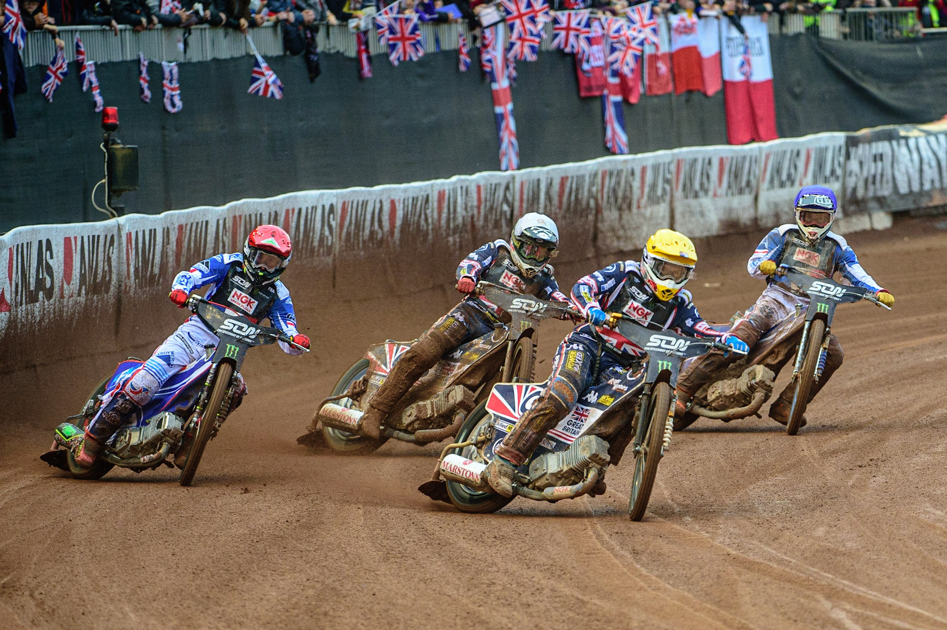 MANCHESTER, UK. OCT 17TH Robert Lambert of Great Britain (Yellow) leads David Bellego of France (Red), Dan Bewley of Great Britain (White) and Dmitri Berge of France (Blue) during the Monster Energy FIM Speedway of Nations at the National Speedway Stadium, Manchester on Sunday  17th October 2021. (Credit: Ian Charles | MI News)