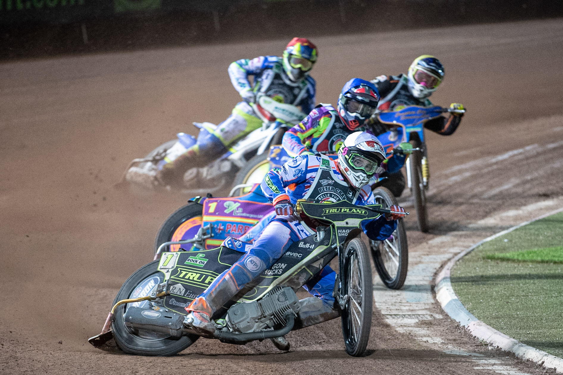 Photo: Ian CharlesJason Crump (White) leads Rory Schlein (Blue) Kyle Howarth (Yellow) and Chris Harris(Red)Peter Craven Memorial Trophy, National Speedway Stadium, Manchester Thursday  22  October  2020