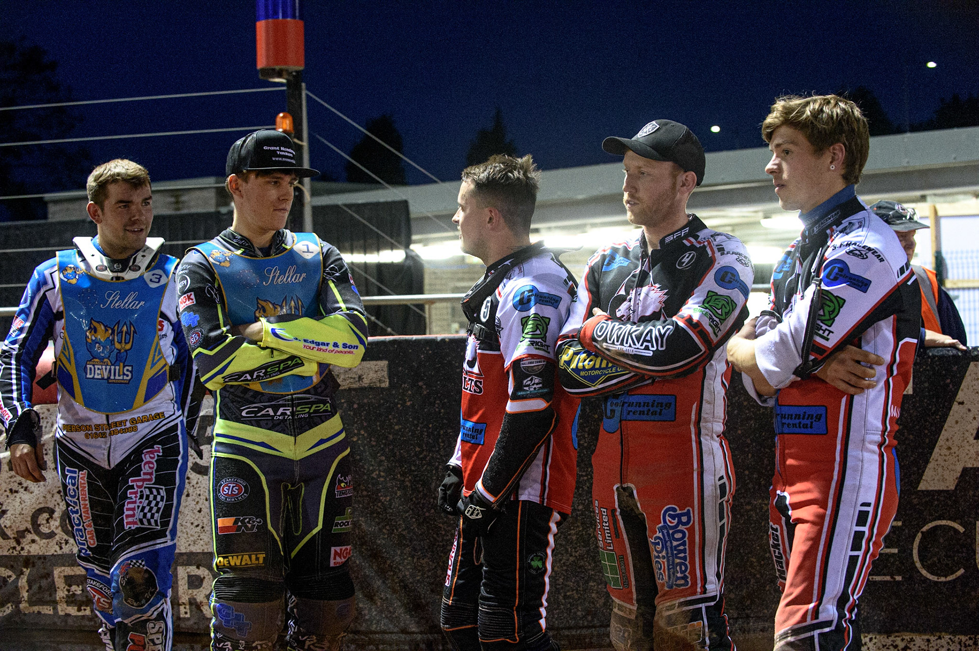 MANCHESTER, UK. AUGUST 20TH (l-r): Danny Phillips , Kyle Bickley  Jack Smith,Paul Bowen  and Connor Coles ,  during the National Development League match between Belle Vue Aces and Armadale Devils at the National Speedway Stadium, Manchester on Friday 20th August 2021. (Credit: Ian Charles | MI News)