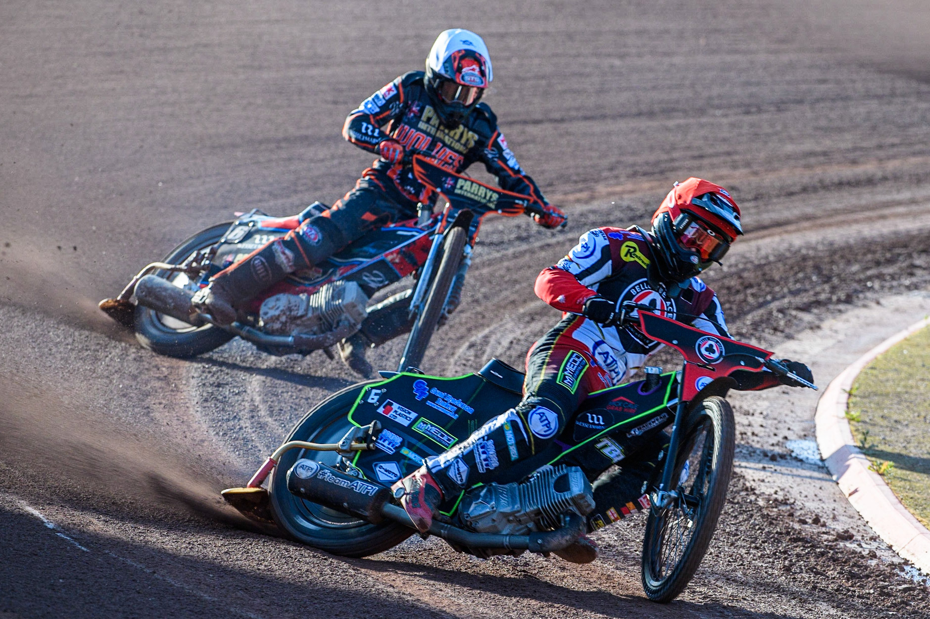 Tom Brennan (White) leads Zach Cook (White) during the Sports Insure Premiership match between Belle Vue Aces and Wolverhampton Wolves at the National Speedway Stadium, Manchester on Monday 3rd July 2023. (Photo: Ian Charles | MI News)