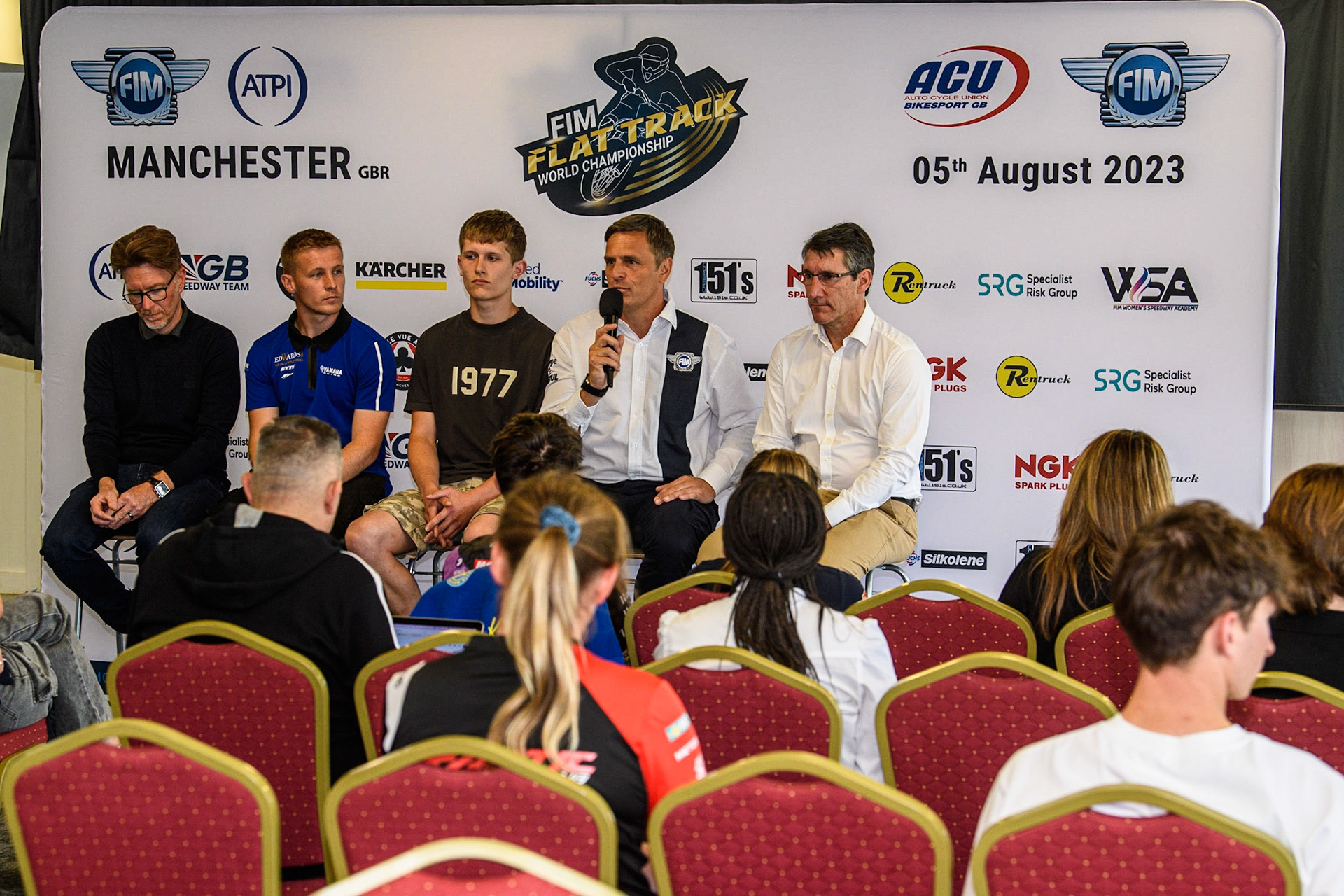 The panel address the press during the FIM Flat Track World Championship &amp; FIM Women's Speedway Academy Launch at the National Speedway Stadium, Manchester on Monday 3rd July 2023. (Photo: Ian Charles | MI News)