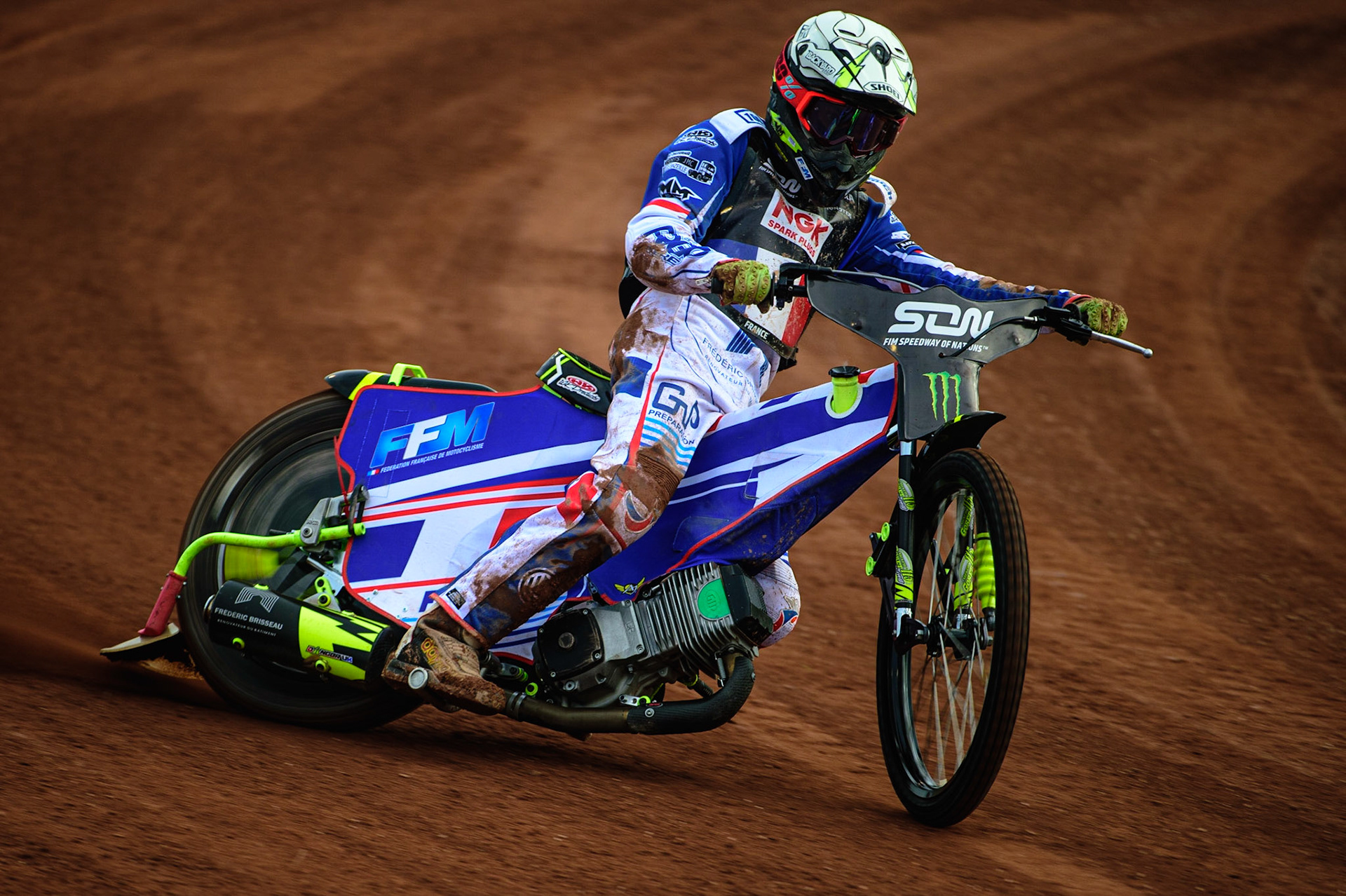 MANCHESTER, UK. OCT 16TH Steven Goret of France Practices during the Monster Energy FIM Speedway of Nations at the National Speedway Stadium, Manchester on Saturday  16th October 2021. (Credit: Ian Charles | MI News)