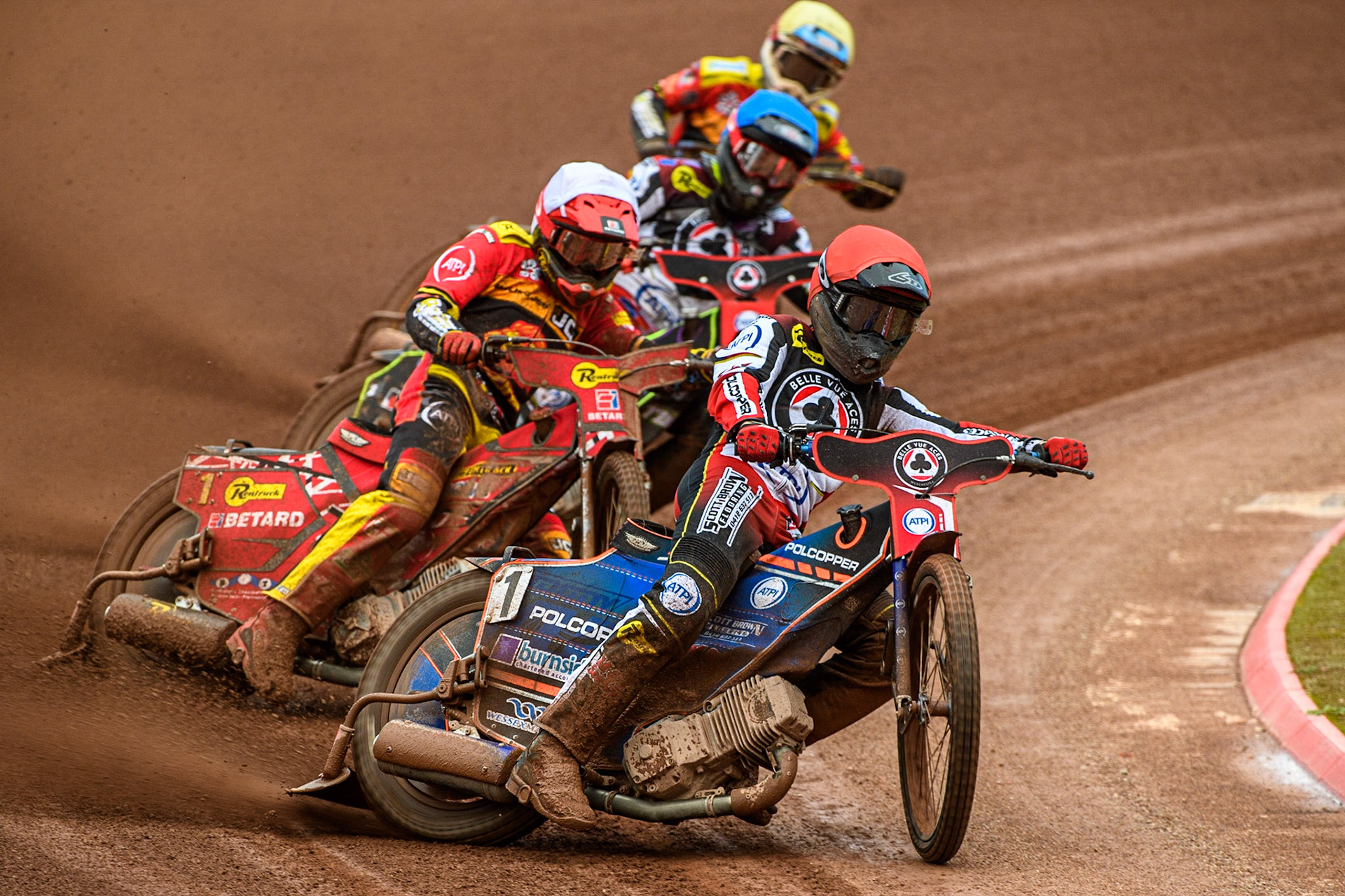Brady Kurtz (Red) leads  Max Fricke (White), Tom Brennan (Blue) and Justin Sedgmen (Yellow) during the Sports Insure Premiership match between Belle Vue Aces and Leicester Lions at the National Speedway Stadium, Manchester on Monday 28th August 2023. (Photo: Ian Charles | MI News)