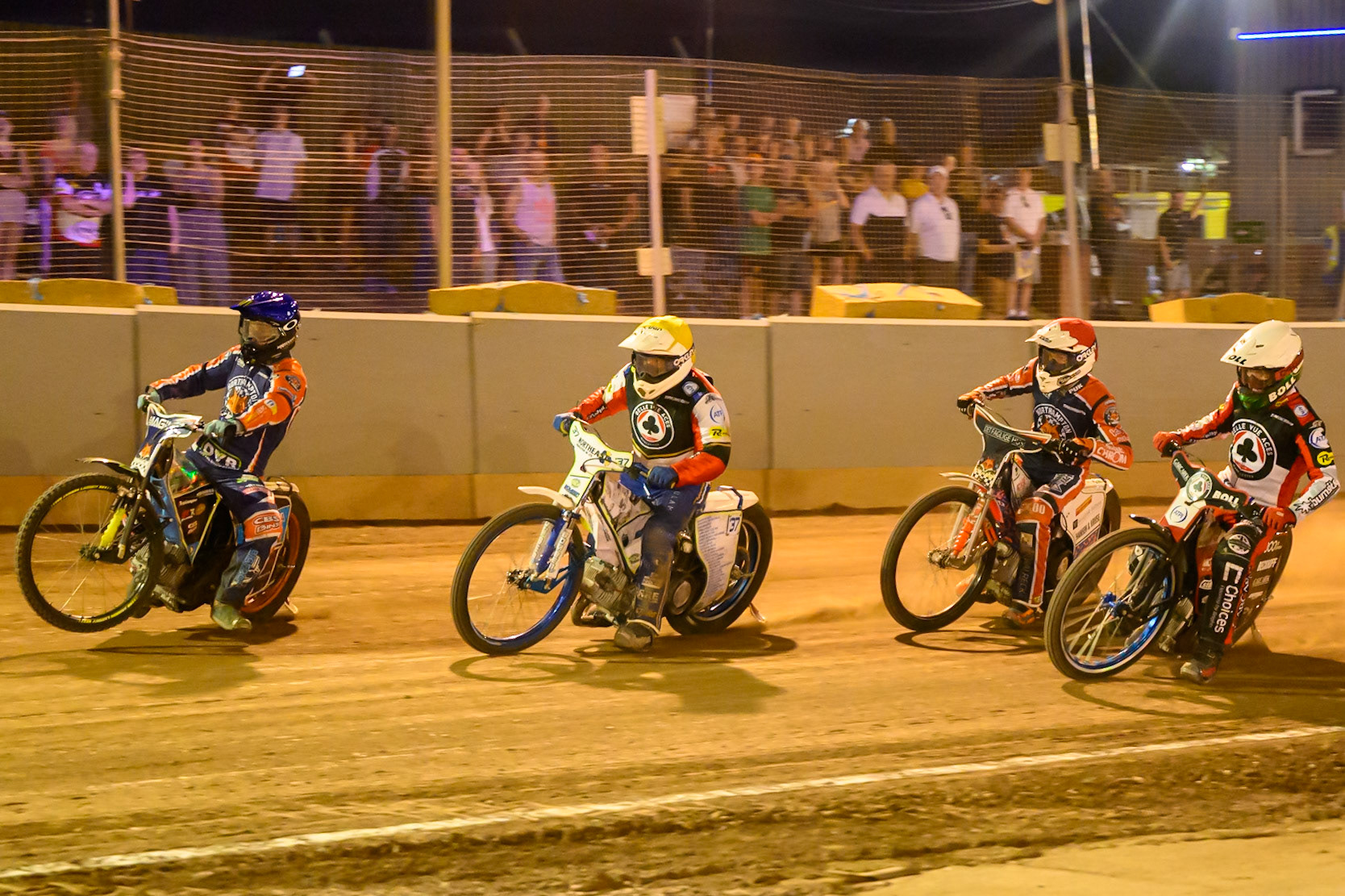 (L to R) Jaimon Lidsey of Northampton Foxes  in Blue , Chris Harris Guest Rider for Belle Vue Aces in Yellow , Niels-Kristian Iversen of Northampton Foxes  in Red  and Brady Kurtz of Belle Vue Aces  in White  during the Rowe Motor Oil Premiership match between Northampton Foxes and Belle Vue Aces at Northampton International Shaleway, Northampton on Thursday 13th August 2026. (Photo: Ian Charles | MI News)