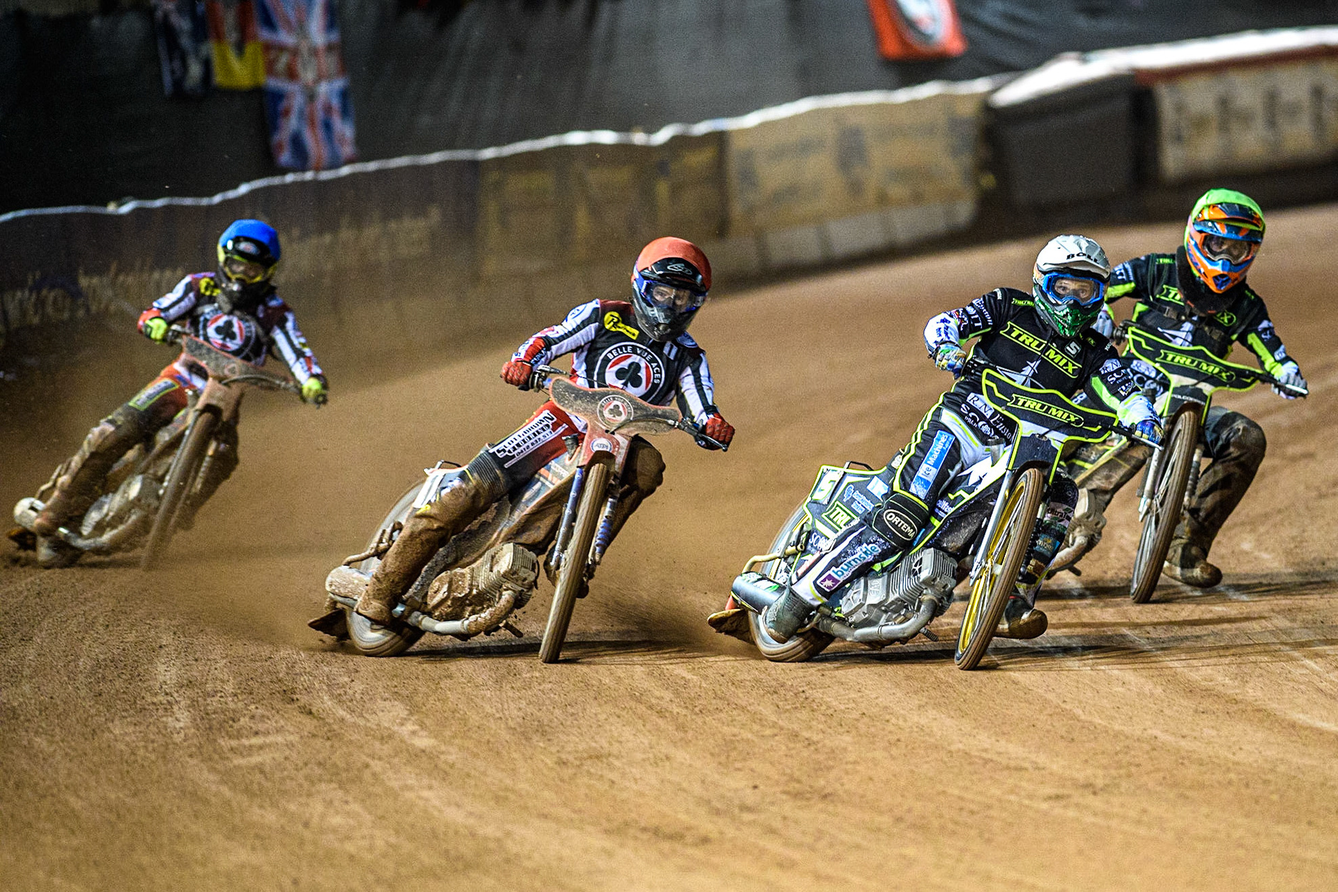 Jason Doyle (White) inside Brady Kurtz (Red) with Keynan Rew (Yellow) and \bv4\ (Blue) behind during the Sports Insure Premiership Semi Final Playoff 2nd leg match between Belle Vue Aces and Ipswich Witches at the National Speedway Stadium, Manchester on Monday 25th September 2023. (Photo: Ian Charles | MI News)